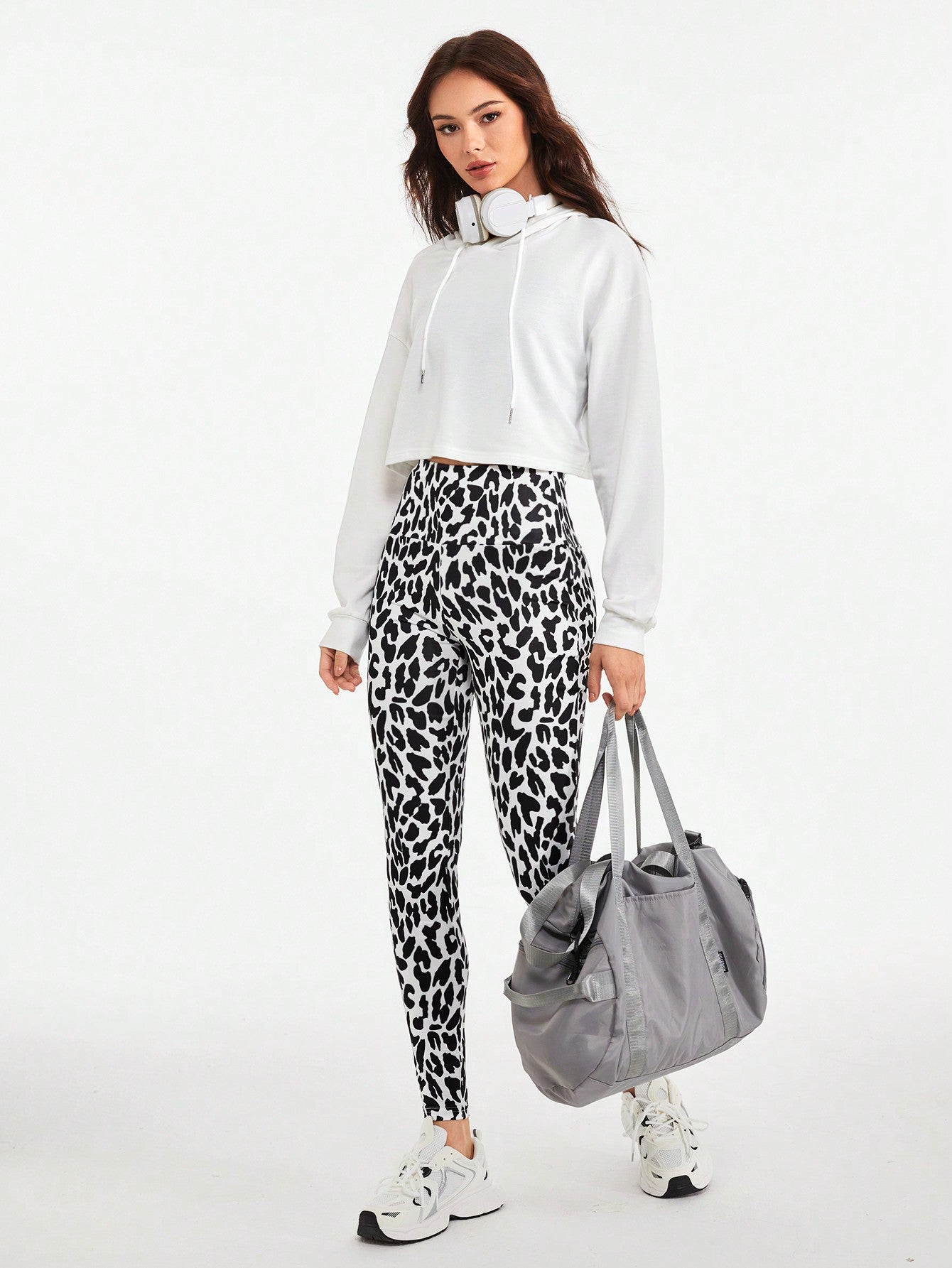 Drop Shoulder Drawstring Hoodie & Leopard Print Leggings Sports Set