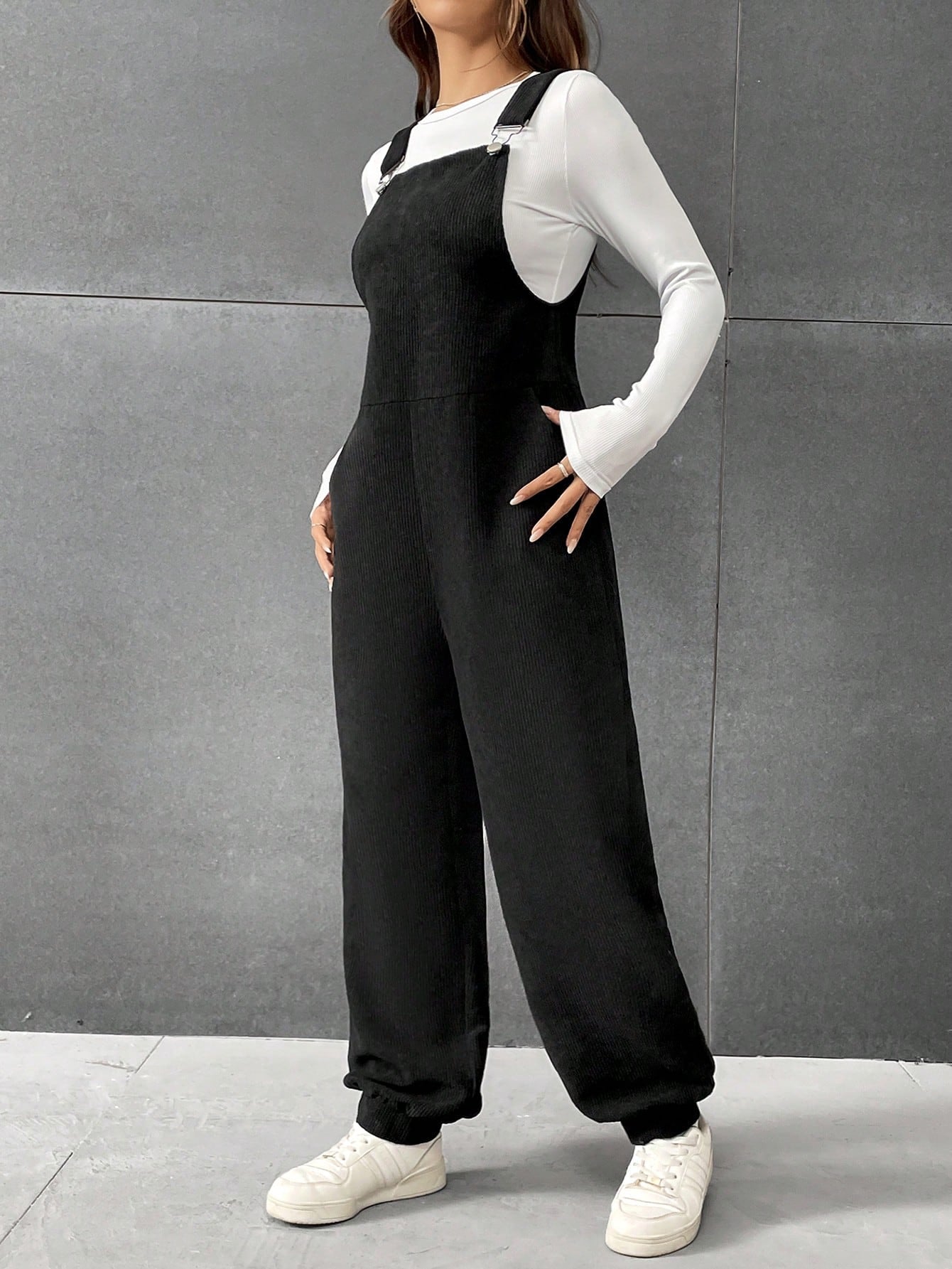 Solid Slant Pocket Overall Jumpsuit Without Tee