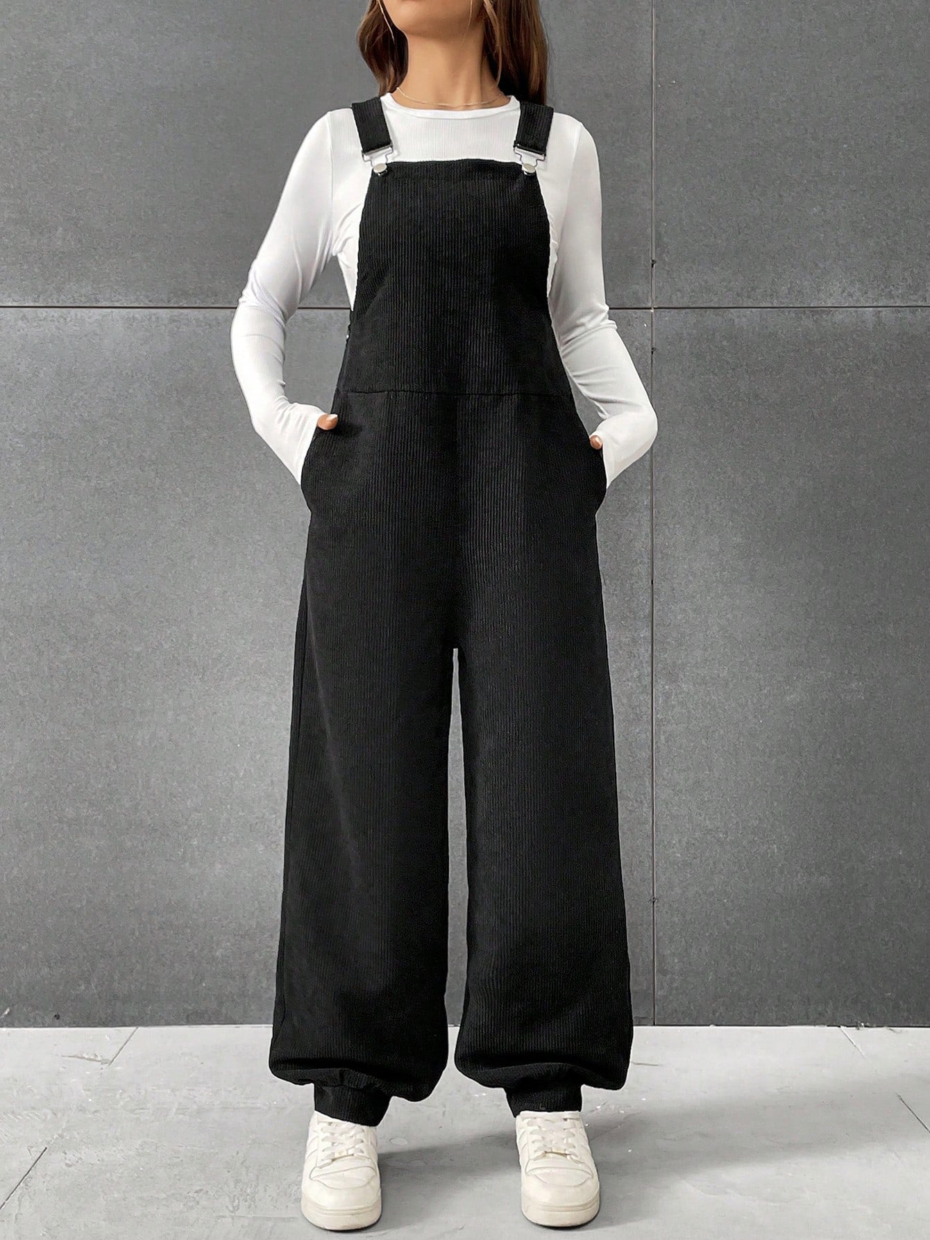 Solid Slant Pocket Overall Jumpsuit Without Tee