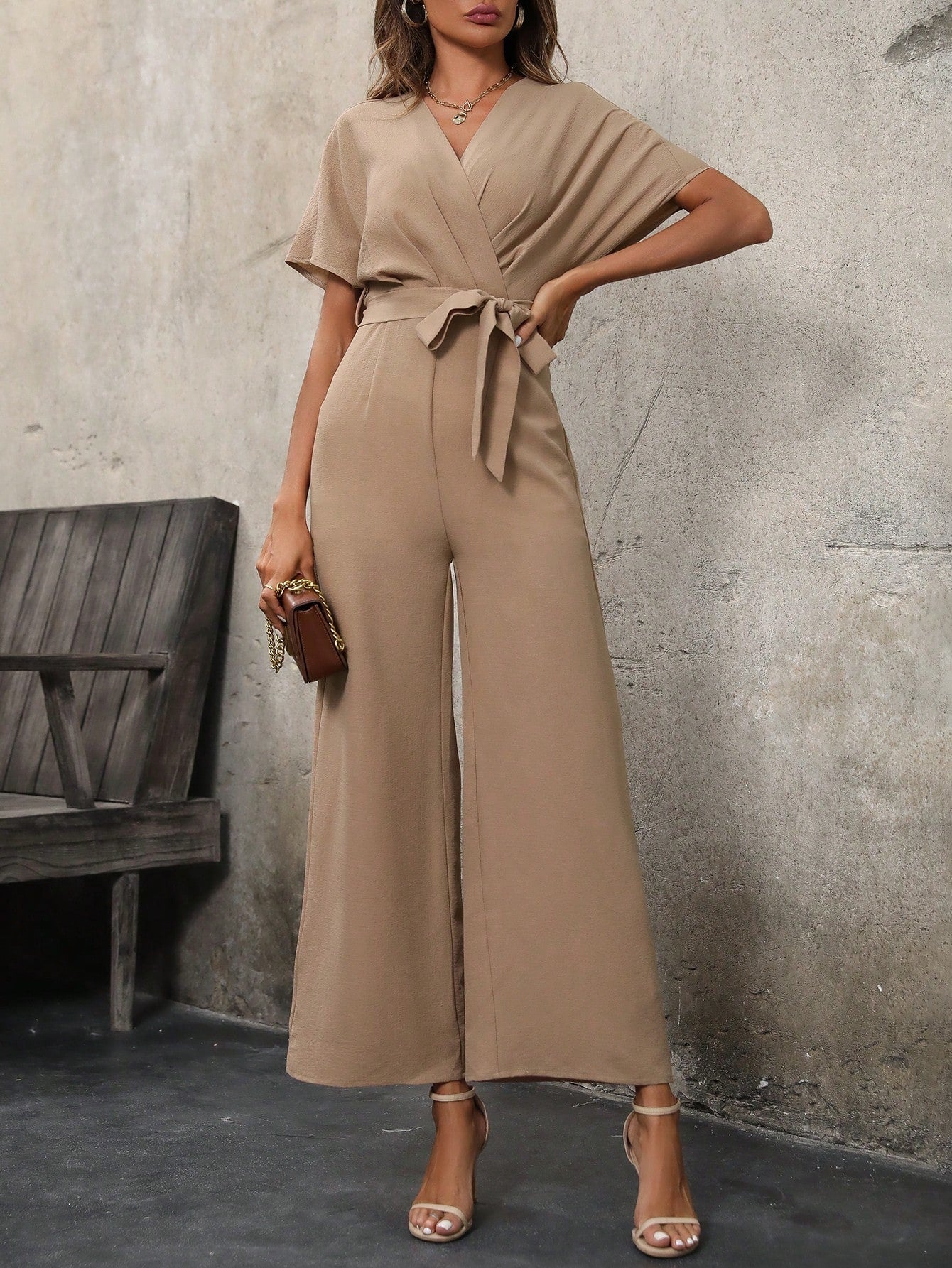 LUNE Solid Belted Wide Leg Wrap Detail Jumpsuit