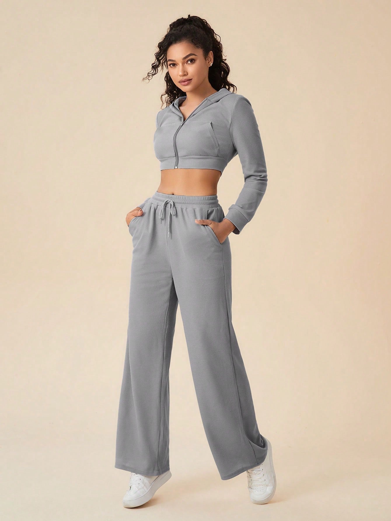 Daily&Casual Solid Hooded Crop Sports Jacket & Drawstring Waist Sweatpants