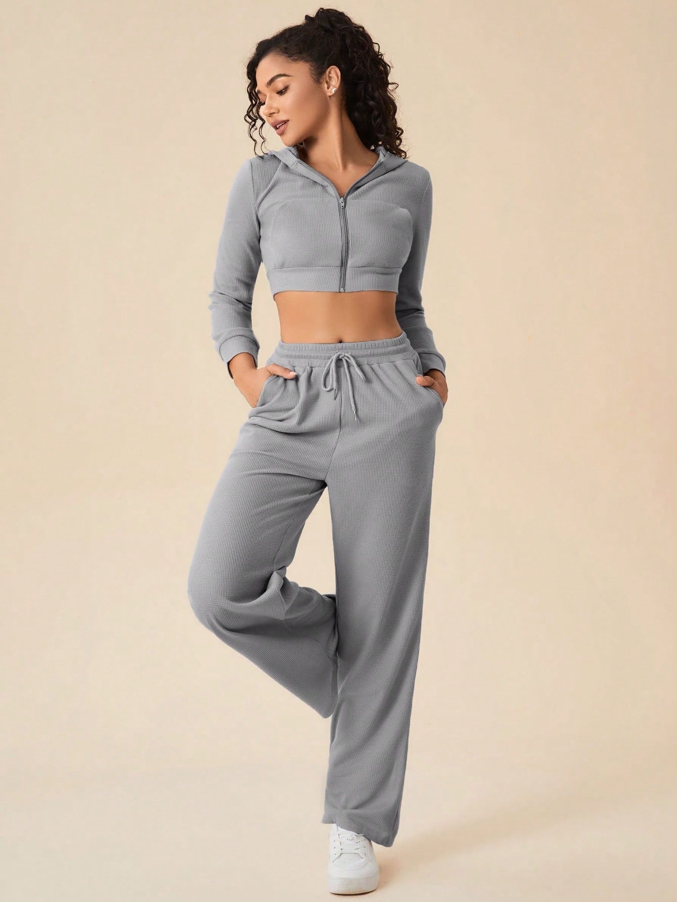 Daily&Casual Solid Hooded Crop Sports Jacket & Drawstring Waist Sweatpants