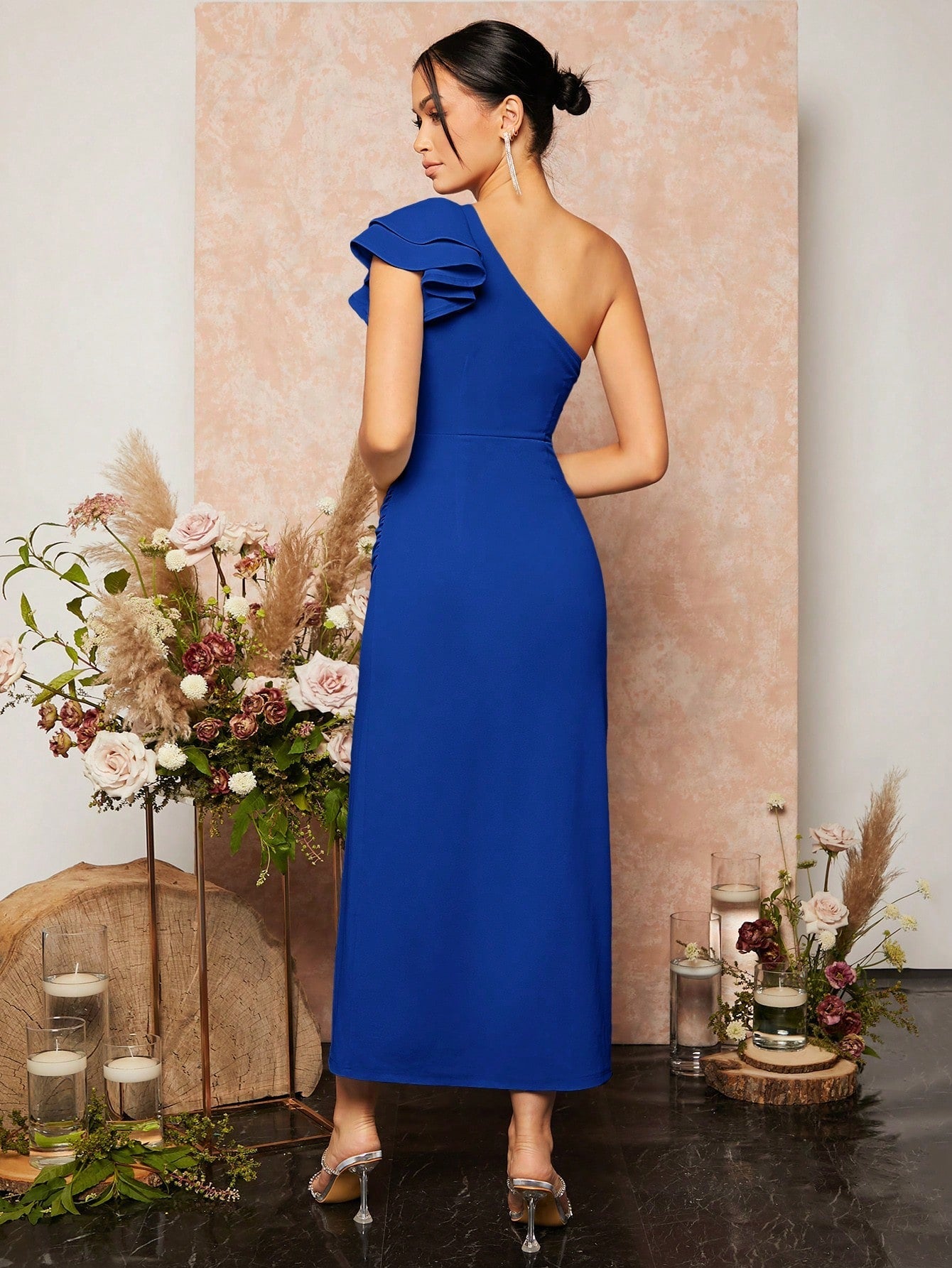 Belle One Shoulder Ruffle Asymmetric Hem Slit Bridesmaid Dress