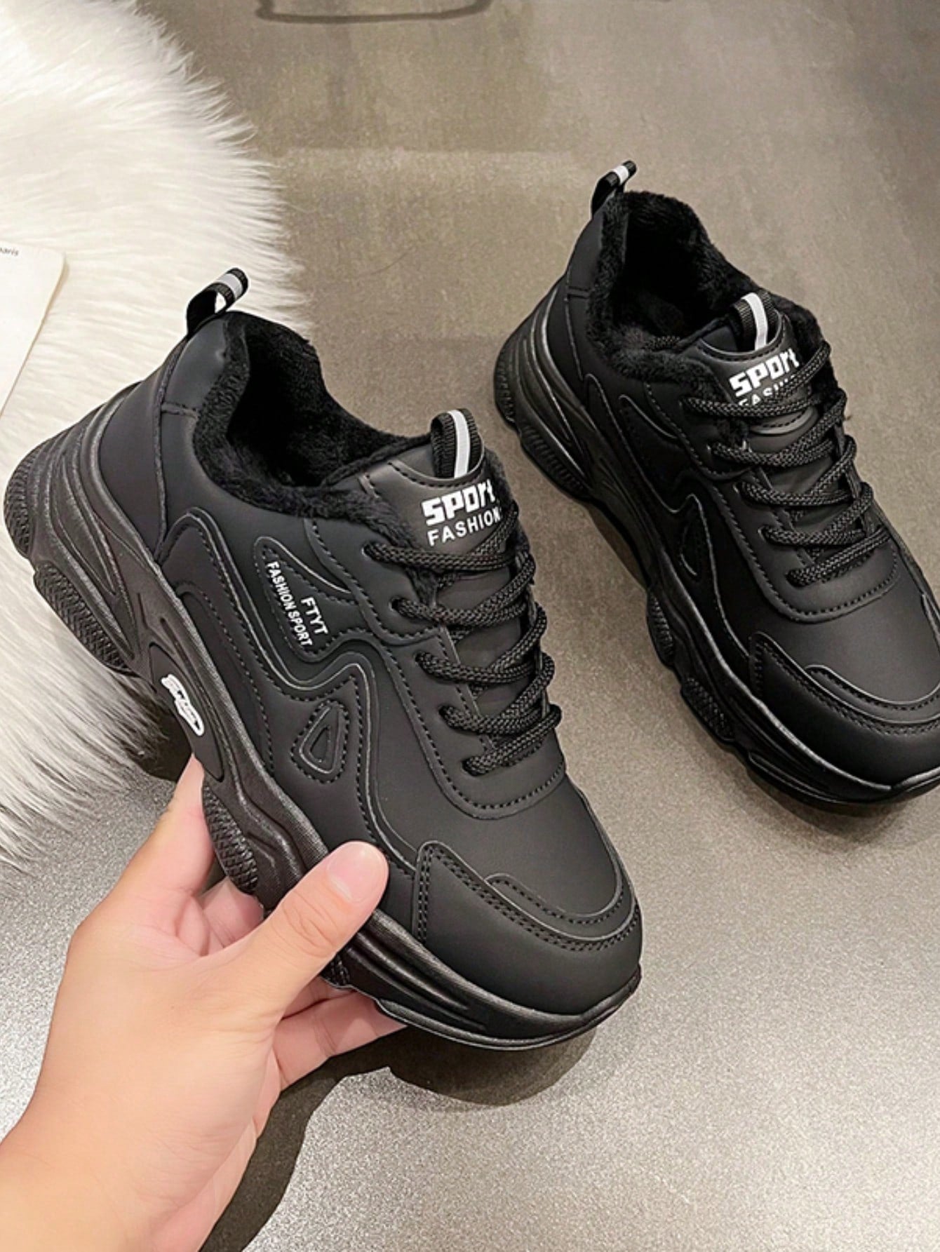 Women's Color-blocked Thick-soled Chunky Shoes For Spring, Summer, Autumn And Winter New Style Plus Velvet To Keep Warm, Black Fashionable And Versatile Casual Sports Shoes