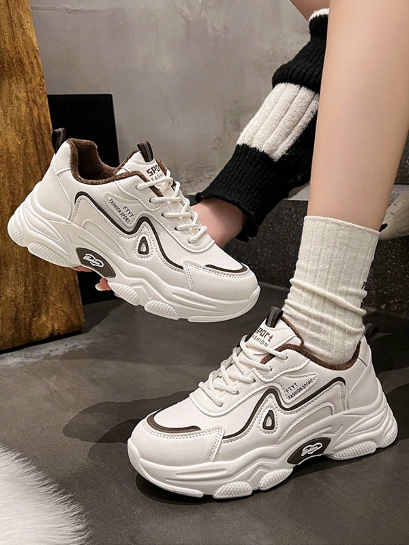 Women's Color-blocked Thick-soled Chunky Shoes For Spring, Summer, Autumn And Winter New Style Plus Velvet To Keep Warm, Black Fashionable And Versatile Casual Sports Shoes