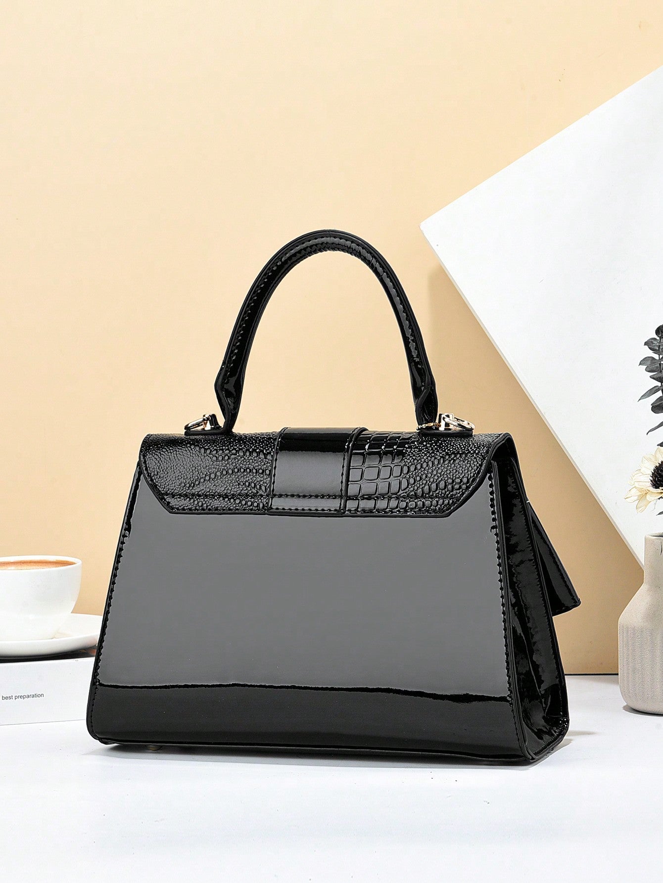 Two-Piece Set Of Black Pu Material Zipper Magnet Seal Free Coin Purse Crocodile Pattern Bag Women'S Bag Four Seasons Style European And American Trendy Light Luxury