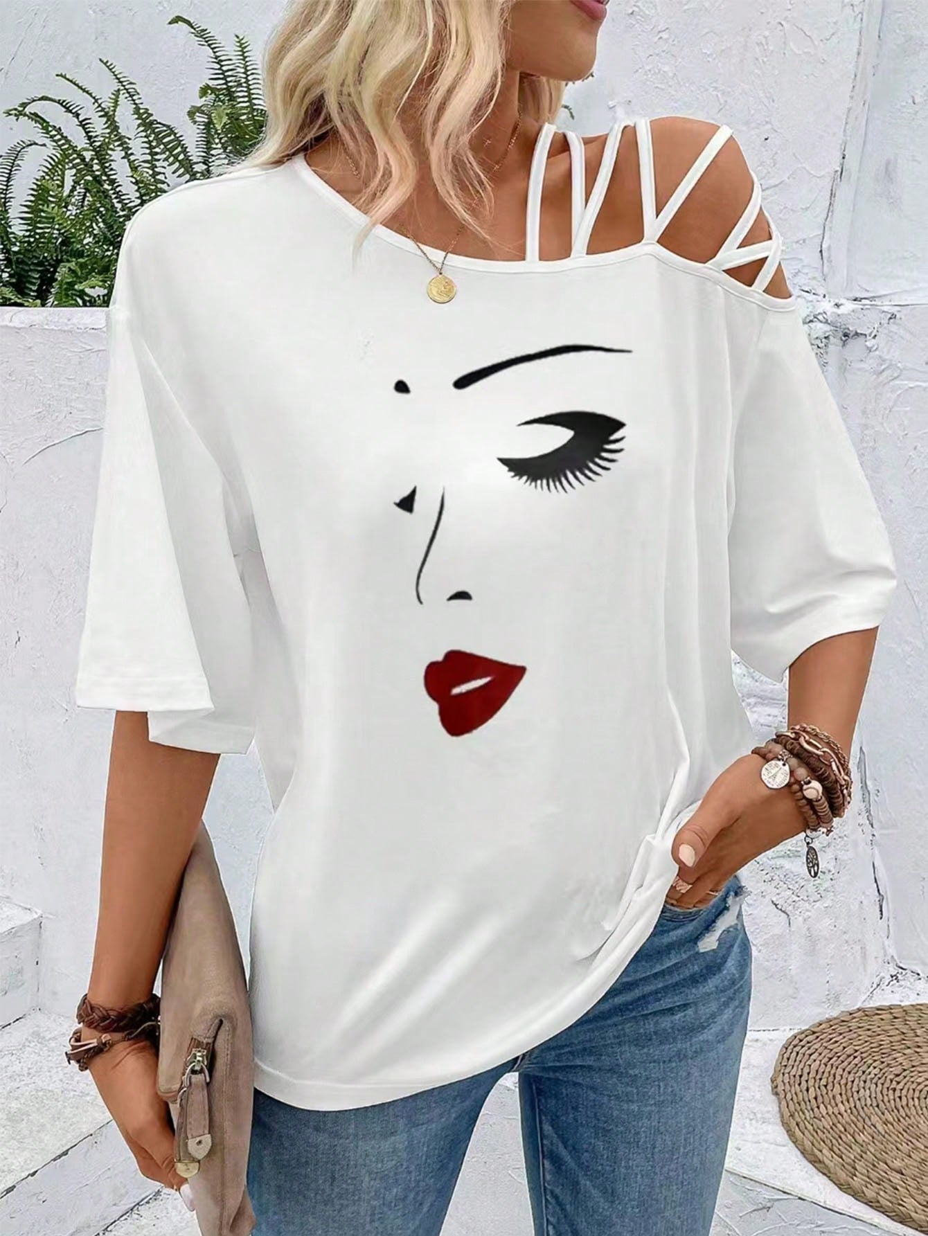 VCAY Figure Graphic Asymmetrical Neck Tee