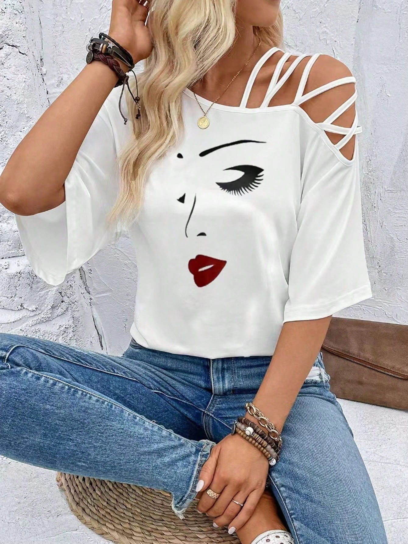 VCAY Figure Graphic Asymmetrical Neck Tee