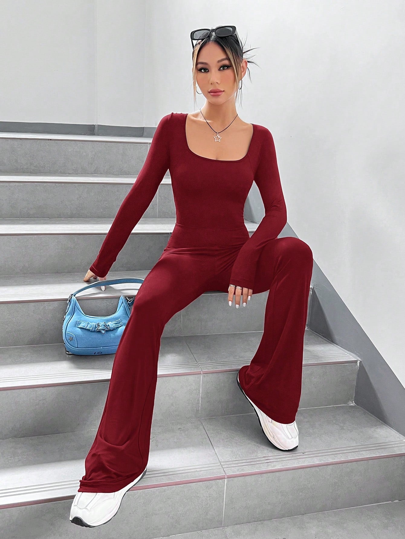 EZwear Square Neck Flare Leg Jumpsuit