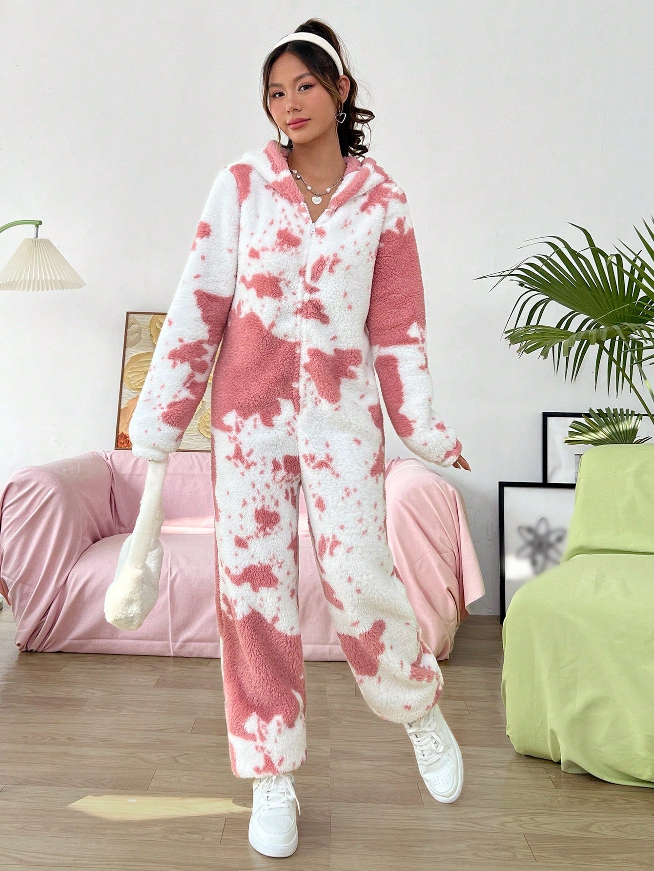 Qutie Cow Pattern 3D Ear Design Hooded Zipper Flannel Jumpsuit