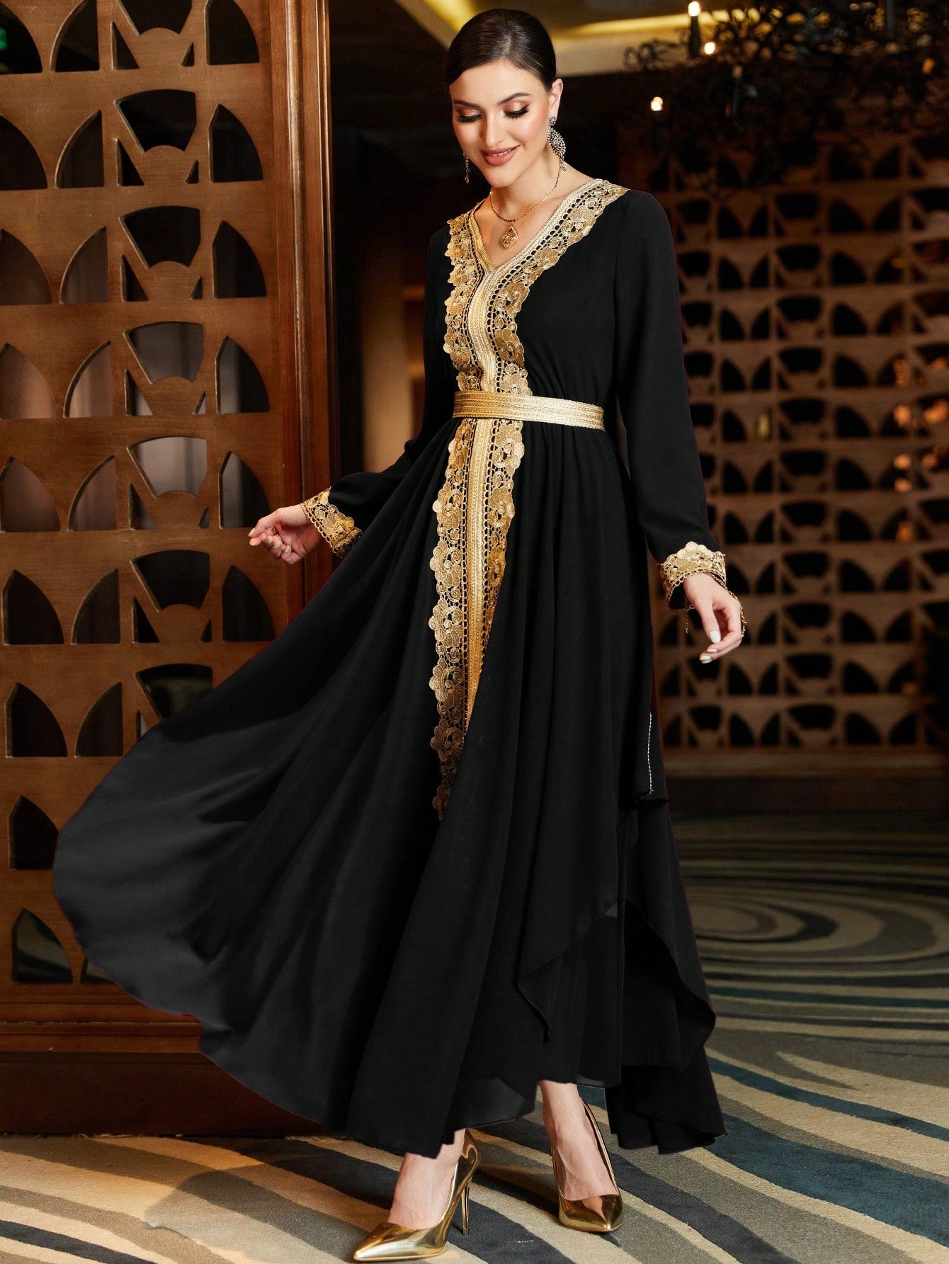 Najma Contrast Guipure Lace Belted Kaftan