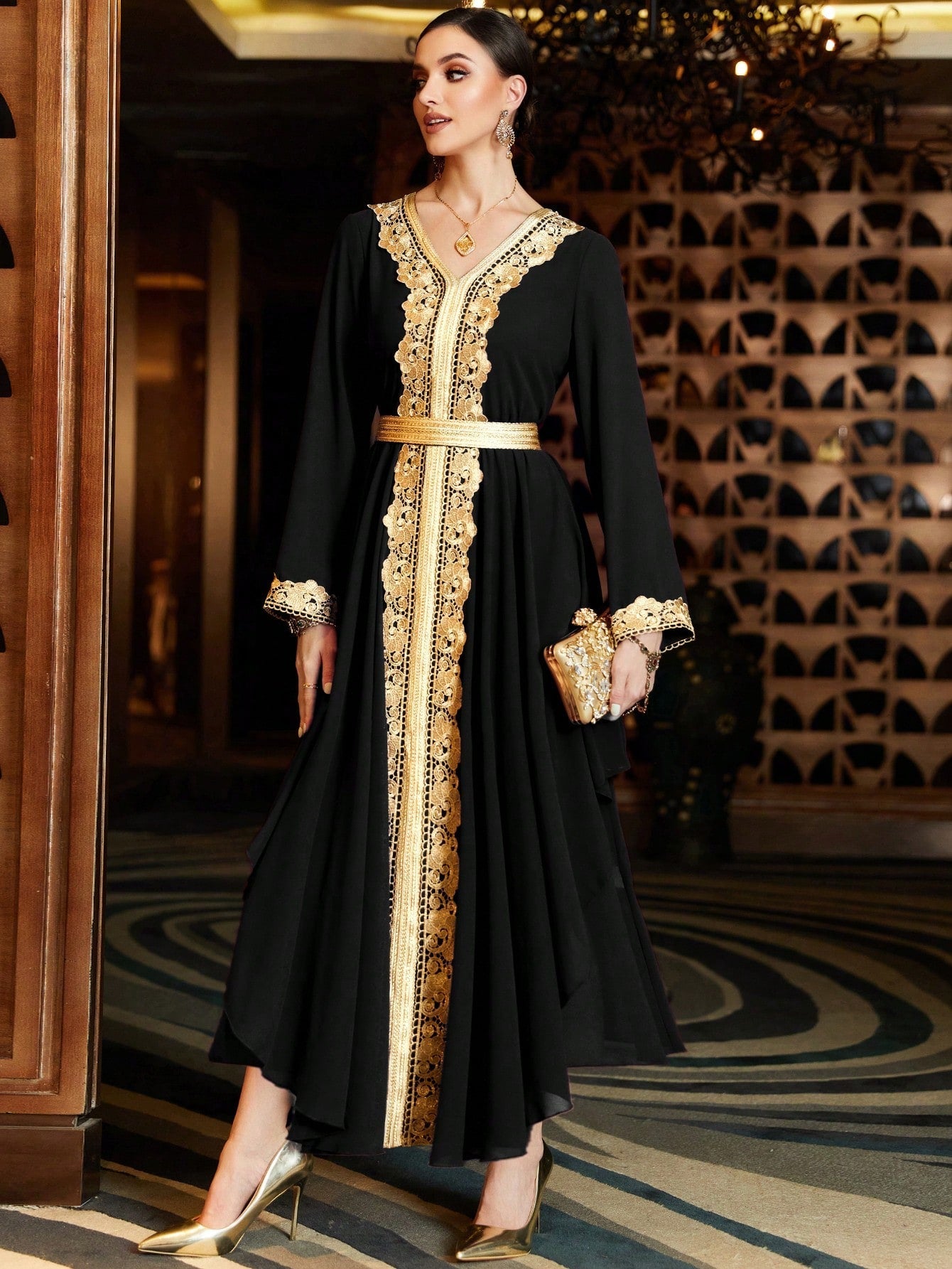 Najma Contrast Guipure Lace Belted Kaftan