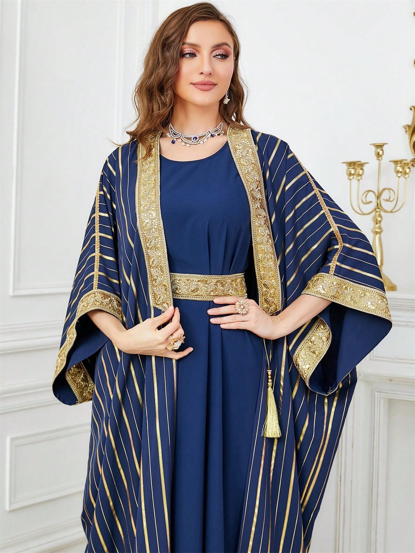 Blue & Gold Striped Tassel Pendant Decorated Outer Robe With Waist Tied Gorgeous Sleeveless Dress, 2pcs/set