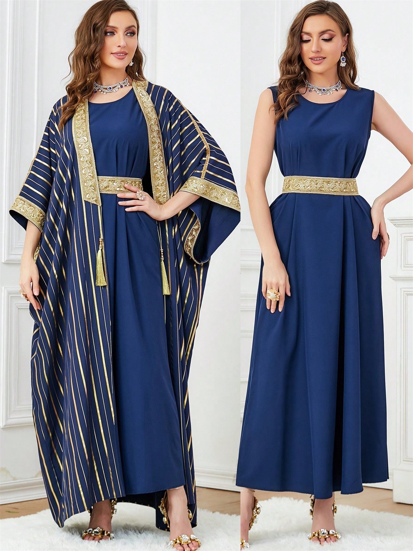 Blue & Gold Striped Tassel Pendant Decorated Outer Robe With Waist Tied Gorgeous Sleeveless Dress, 2pcs/set