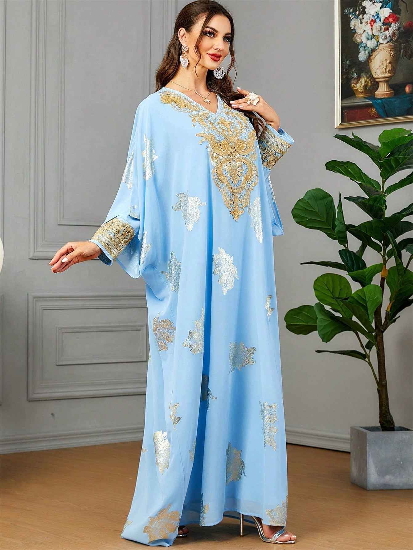 2pcs/set Plant Printed Batwing Sleeve Kaftan Dress