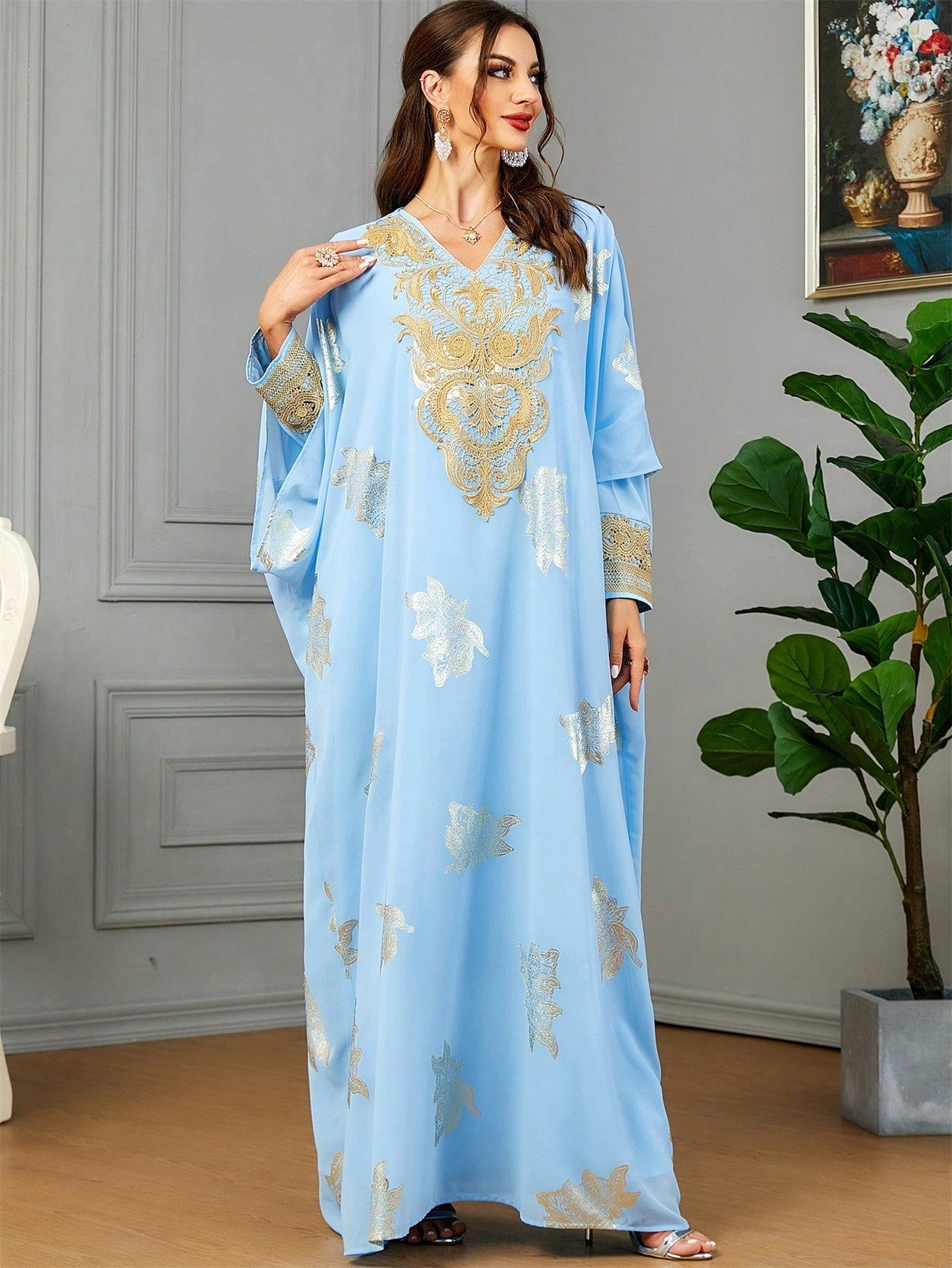 2pcs/set Plant Printed Batwing Sleeve Kaftan Dress