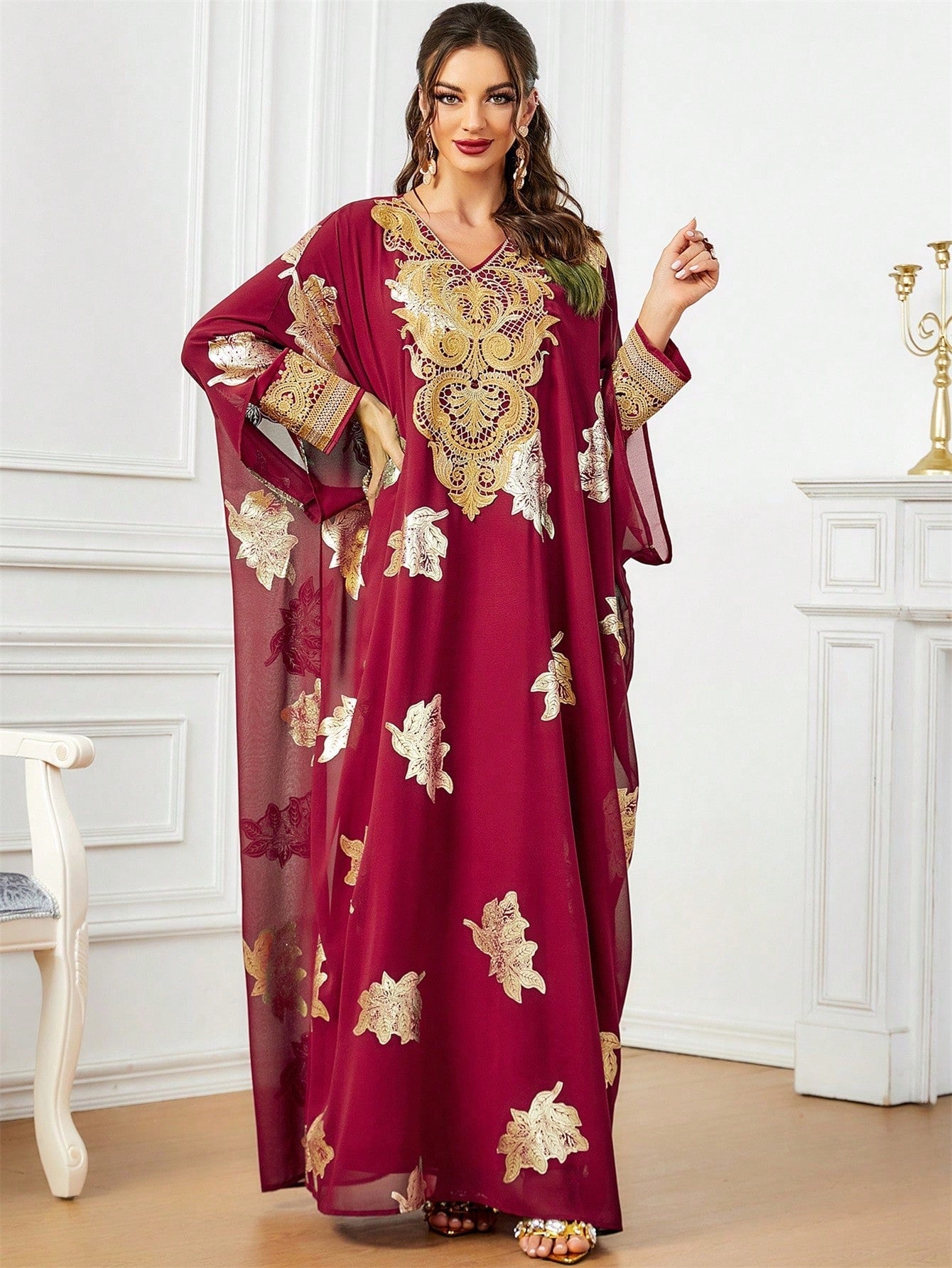 2pcs/set Plant Printed Batwing Sleeve Kaftan Dress