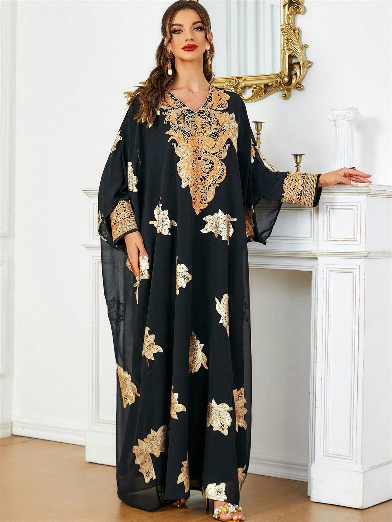 2pcs/set Plant Printed Batwing Sleeve Kaftan Dress