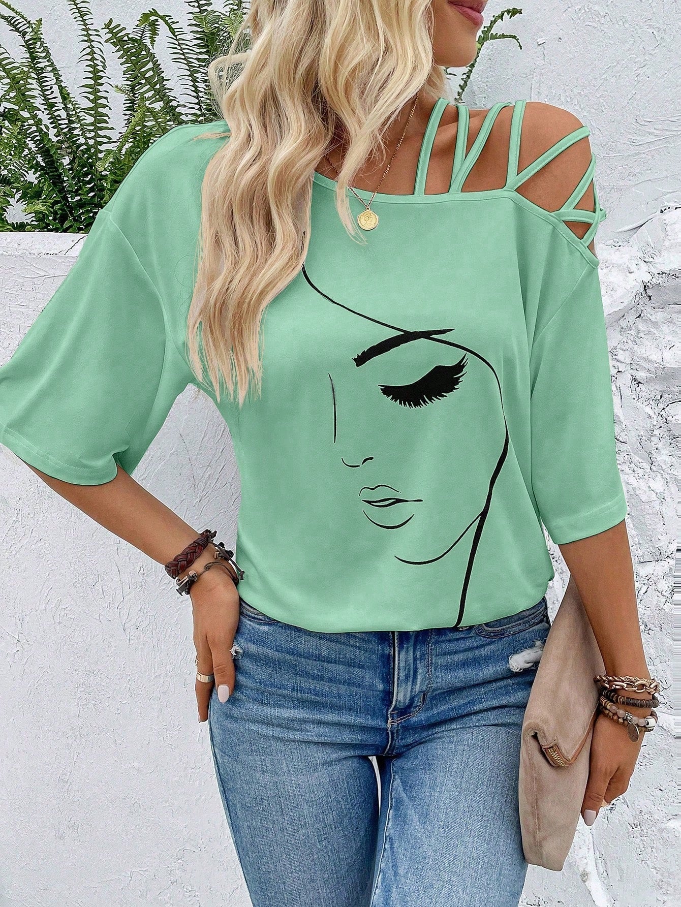 VCAY Figure Graphic Asymmetrical Neck Tee