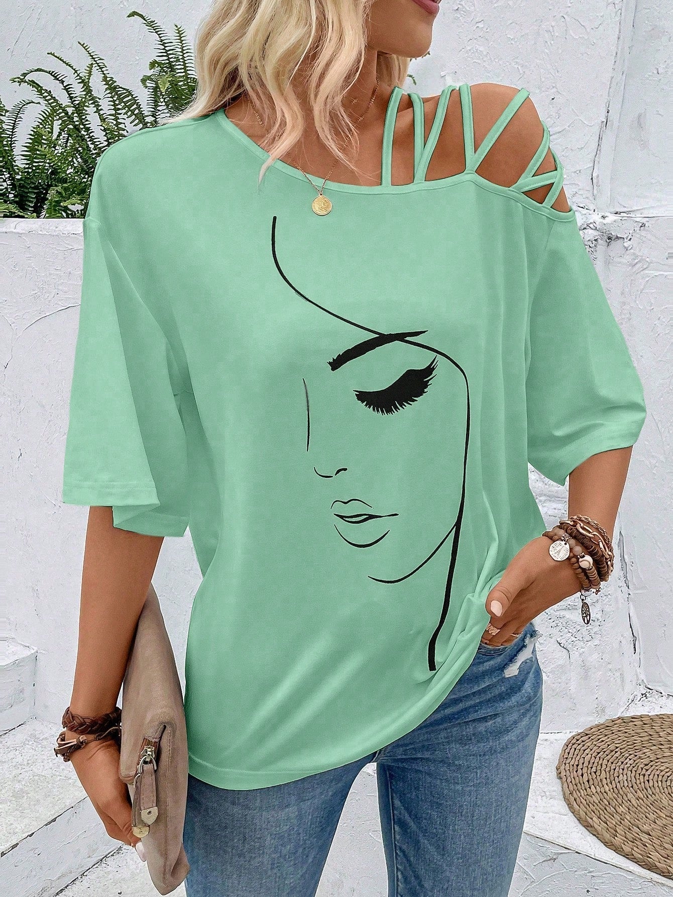 VCAY Figure Graphic Asymmetrical Neck Tee