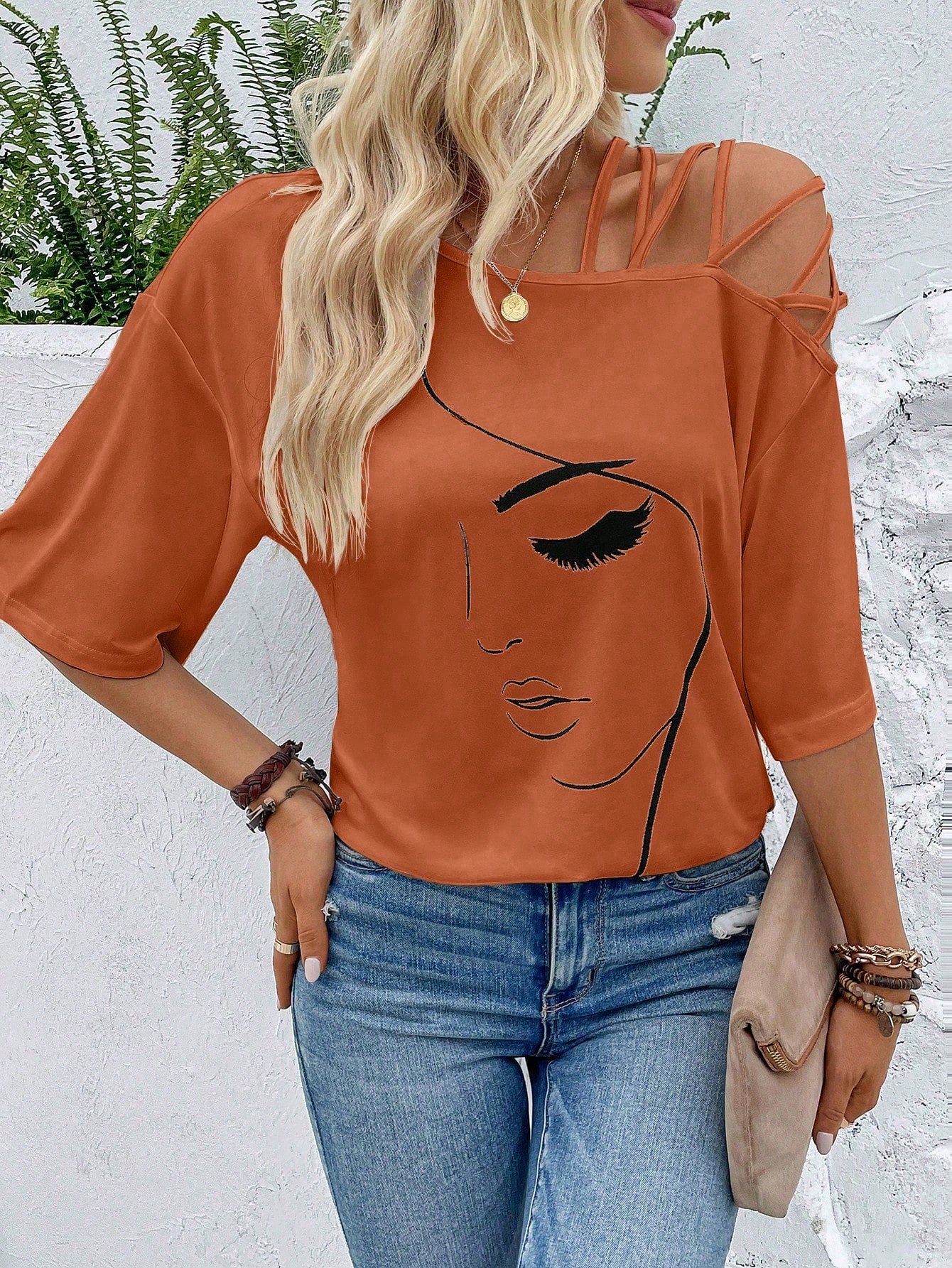 VCAY Figure Graphic Asymmetrical Neck Tee