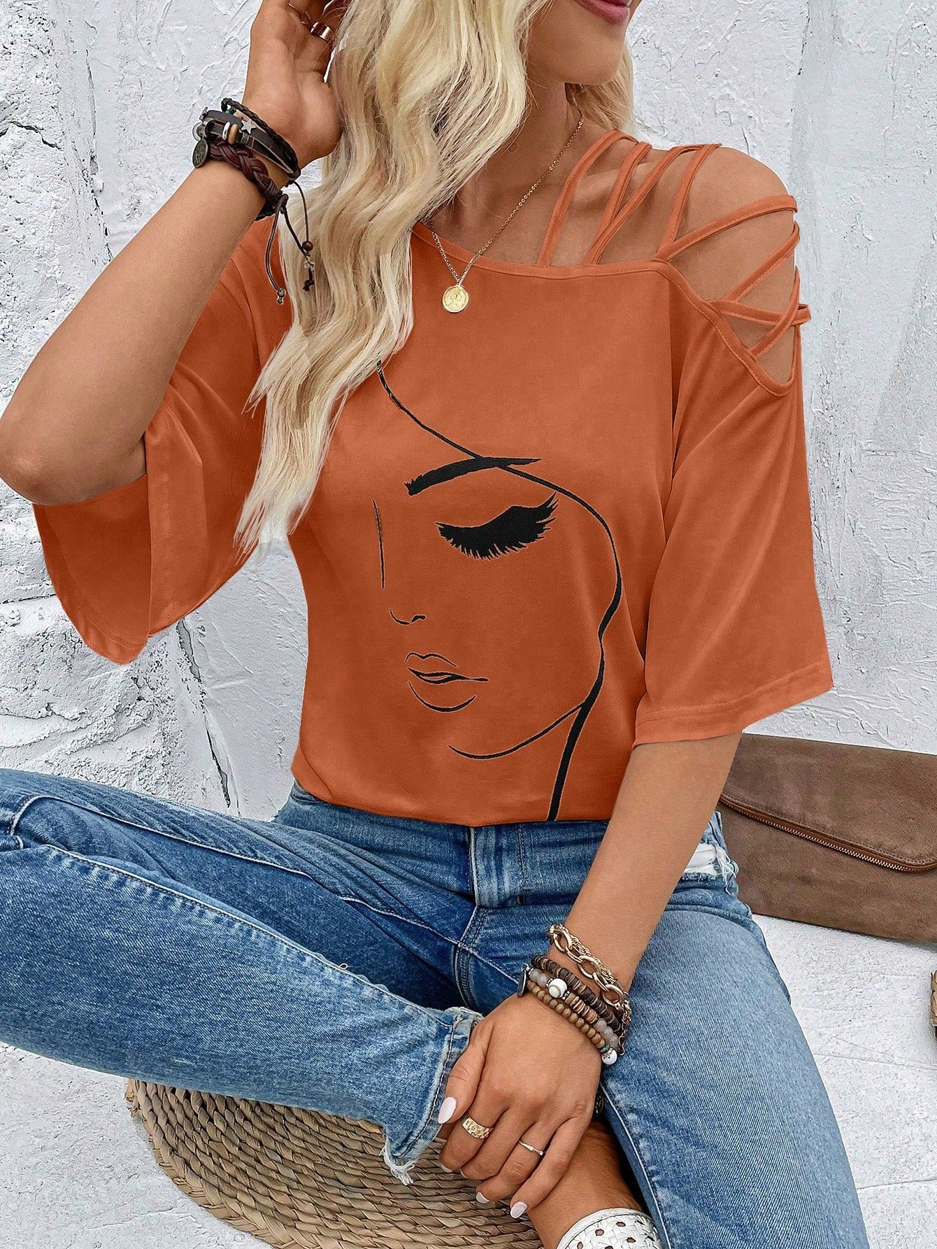 VCAY Figure Graphic Asymmetrical Neck Tee