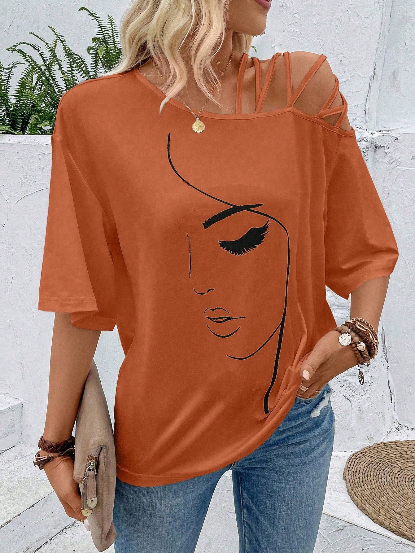 VCAY Figure Graphic Asymmetrical Neck Tee