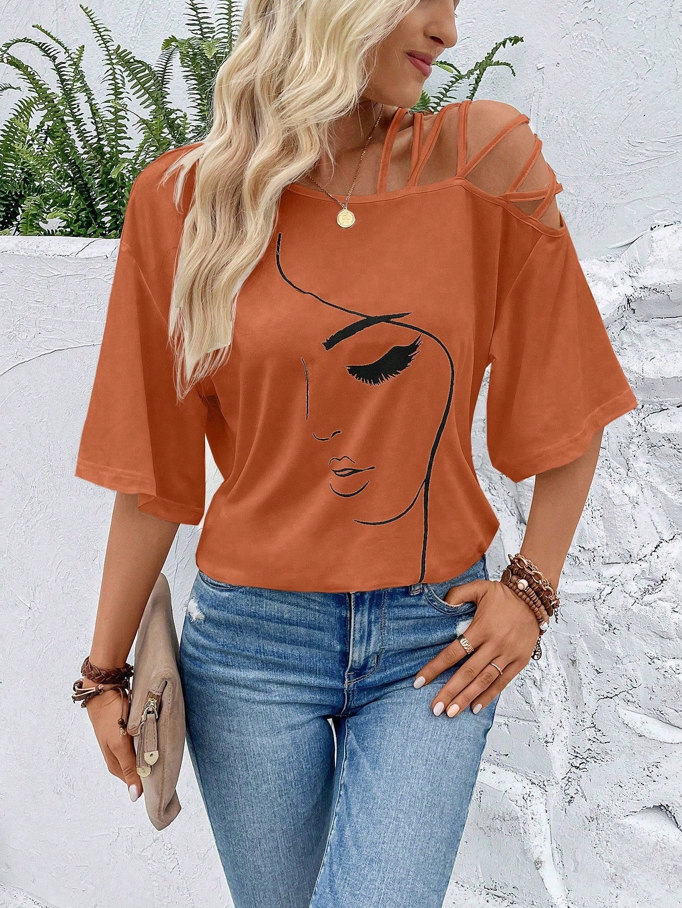 VCAY Figure Graphic Asymmetrical Neck Tee