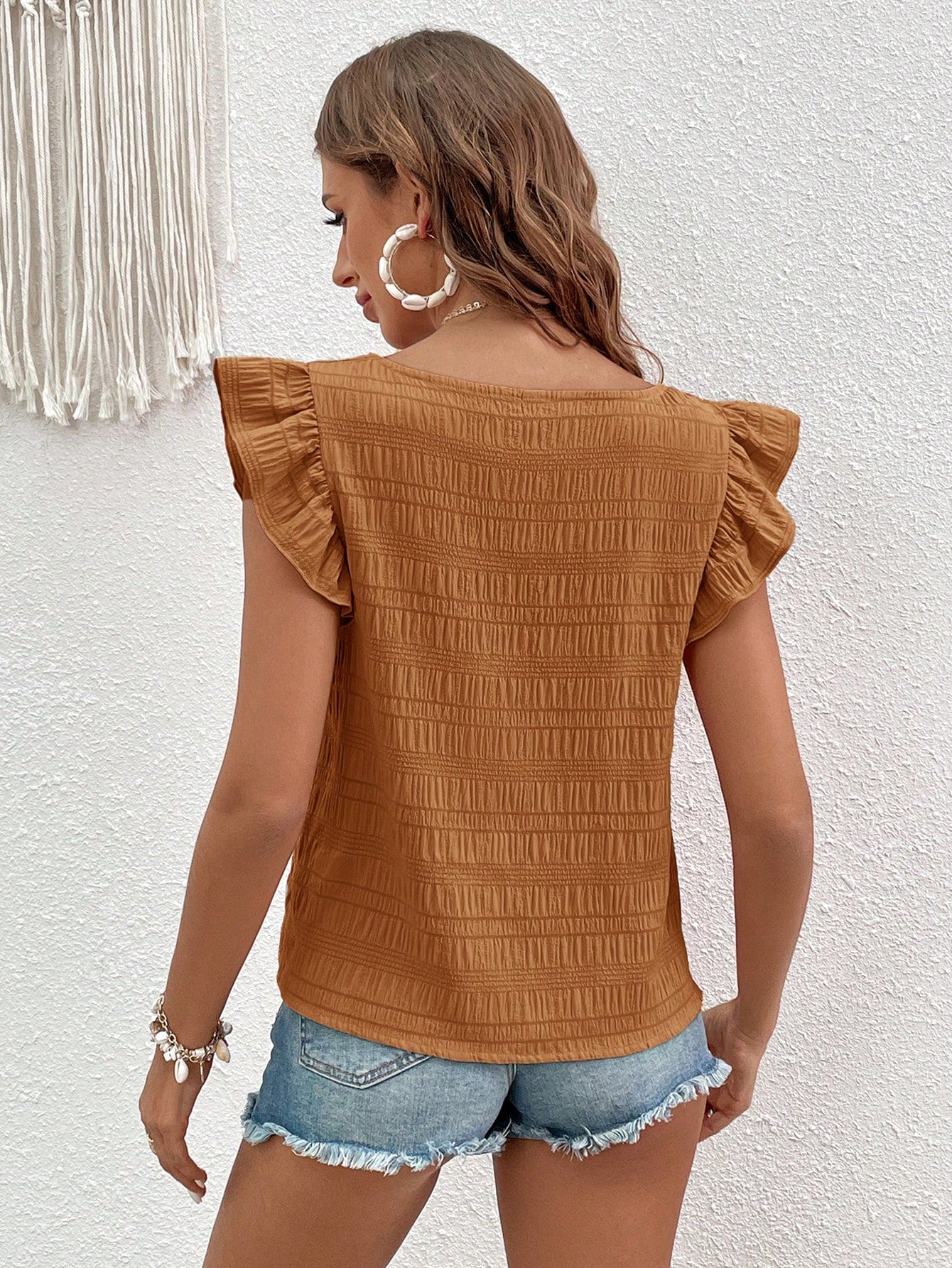 VCAY Solid Puff Sleeve Ruffle Trim Blouse Square Neck Top