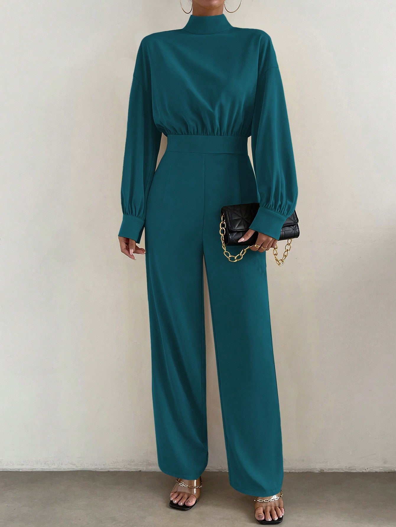 Essnce Mock Neck Lantern Sleeve Wide Leg Jumpsuit