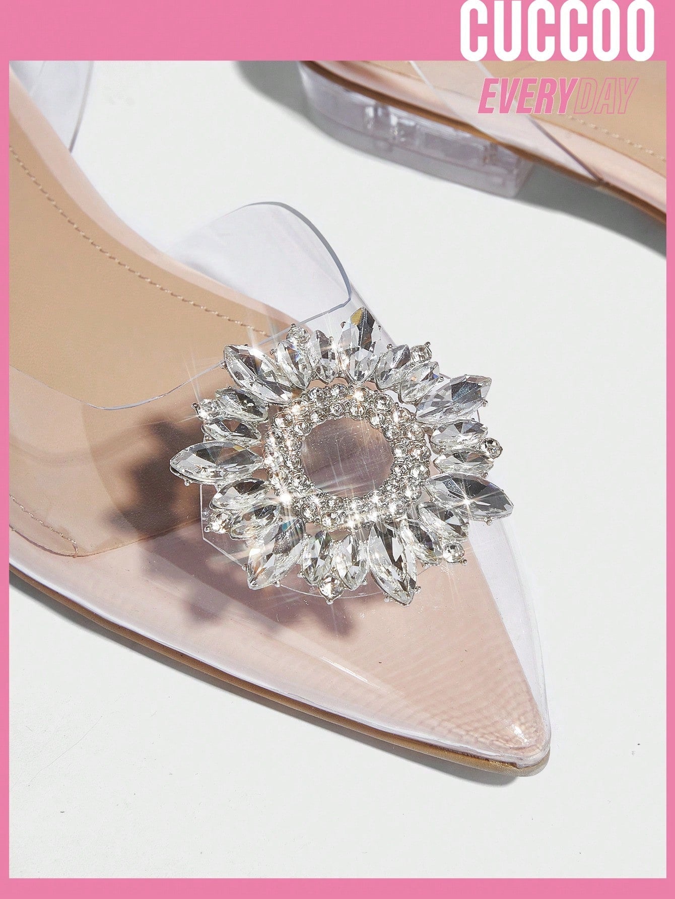 Cuccoo Everyday Collection Women Rhinestone Decor Point Toe Glamorous PVC Slingback Valentine Days Day Beige Flats