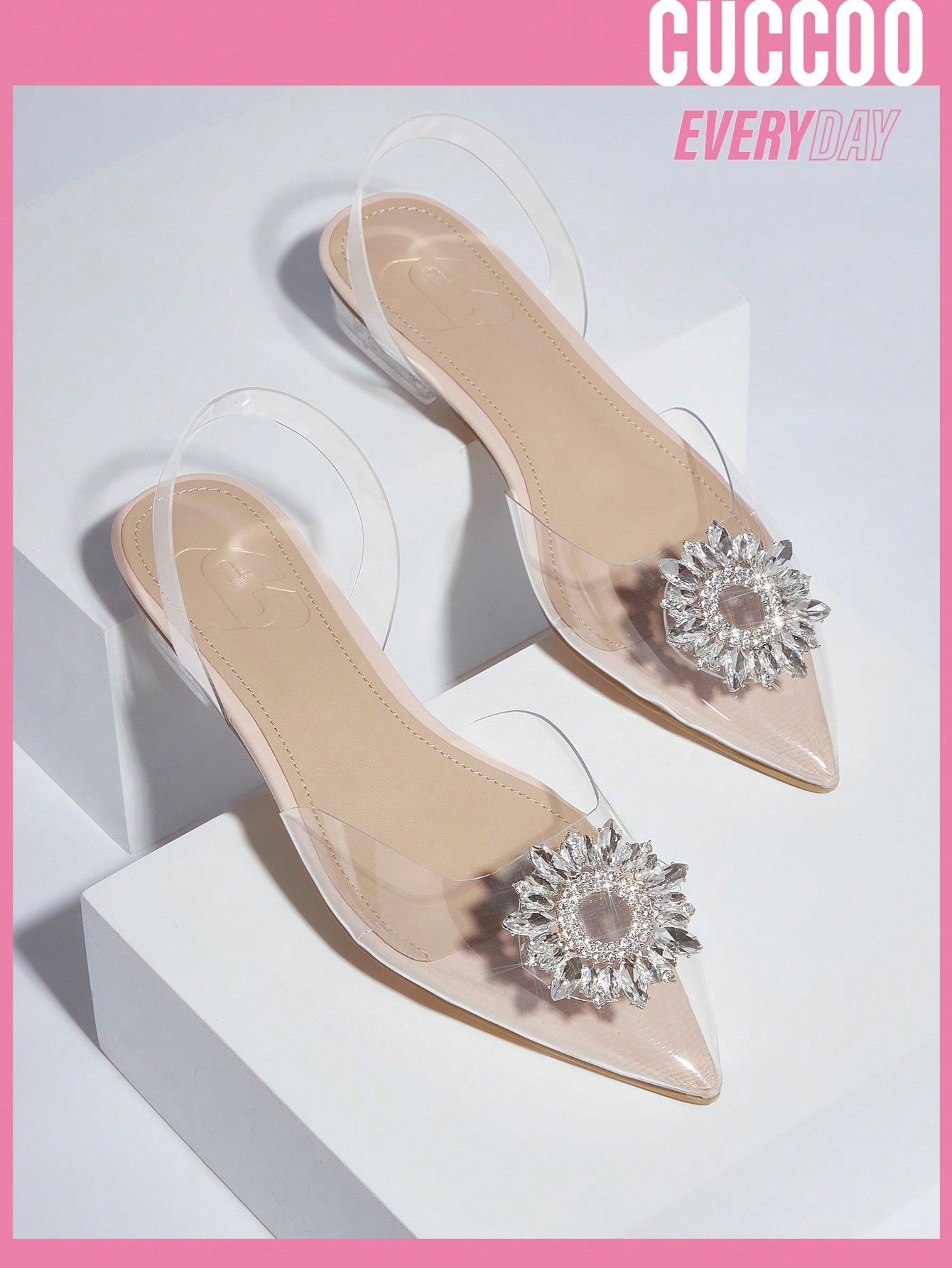 Cuccoo Everyday Collection Women Rhinestone Decor Point Toe Glamorous PVC Slingback Valentine Days Day Beige Flats