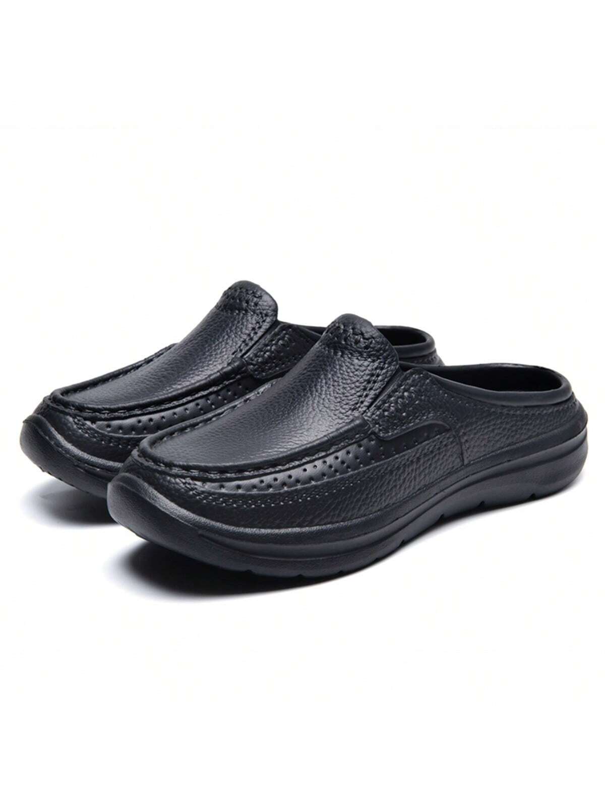 Simple Slip-on Men's Half Slippers With Non-slip Pu Leather Outsole, Suitable For Driving And Chef Work