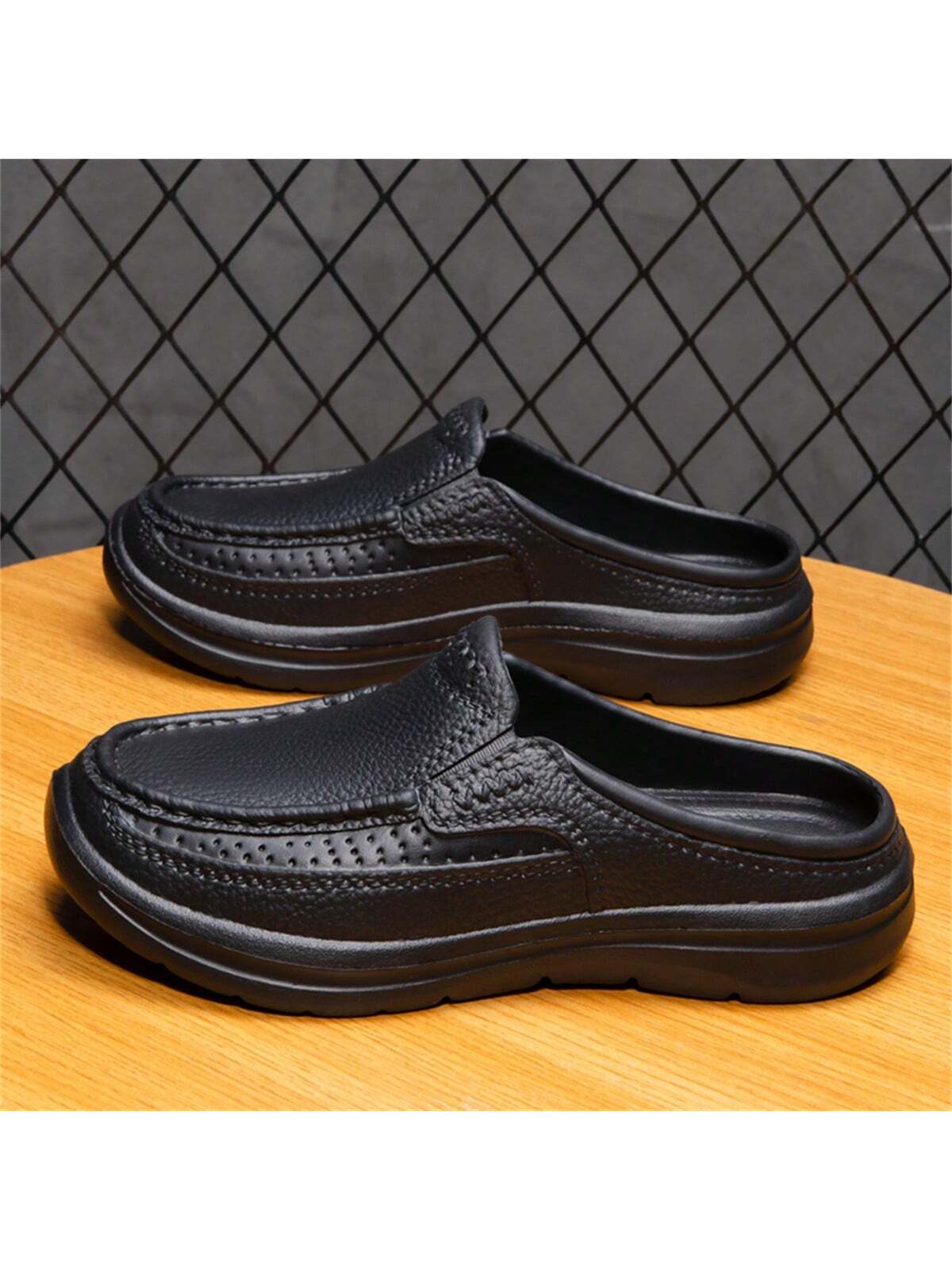 Simple Slip-on Men's Half Slippers With Non-slip Pu Leather Outsole, Suitable For Driving And Chef Work