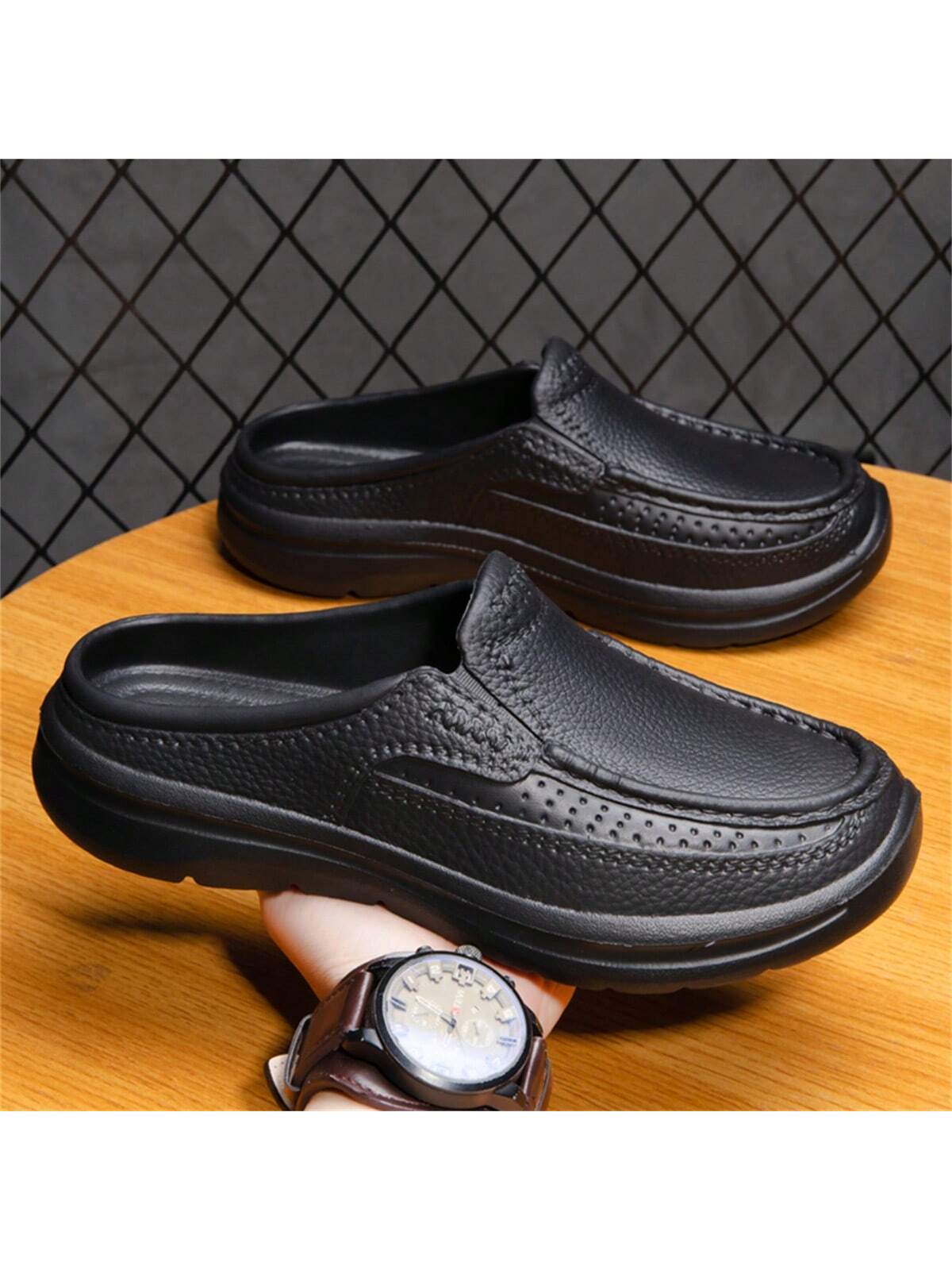 Simple Slip-on Men's Half Slippers With Non-slip Pu Leather Outsole, Suitable For Driving And Chef Work