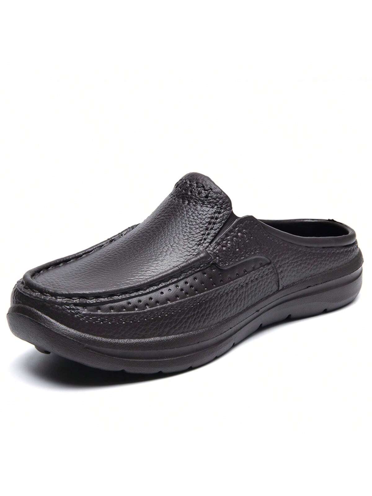 Simple Slip-on Men's Half Slippers With Non-slip Pu Leather Outsole, Suitable For Driving And Chef Work