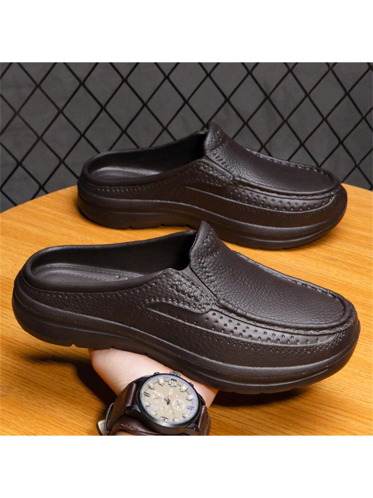 Simple Slip-on Men's Half Slippers With Non-slip Pu Leather Outsole, Suitable For Driving And Chef Work