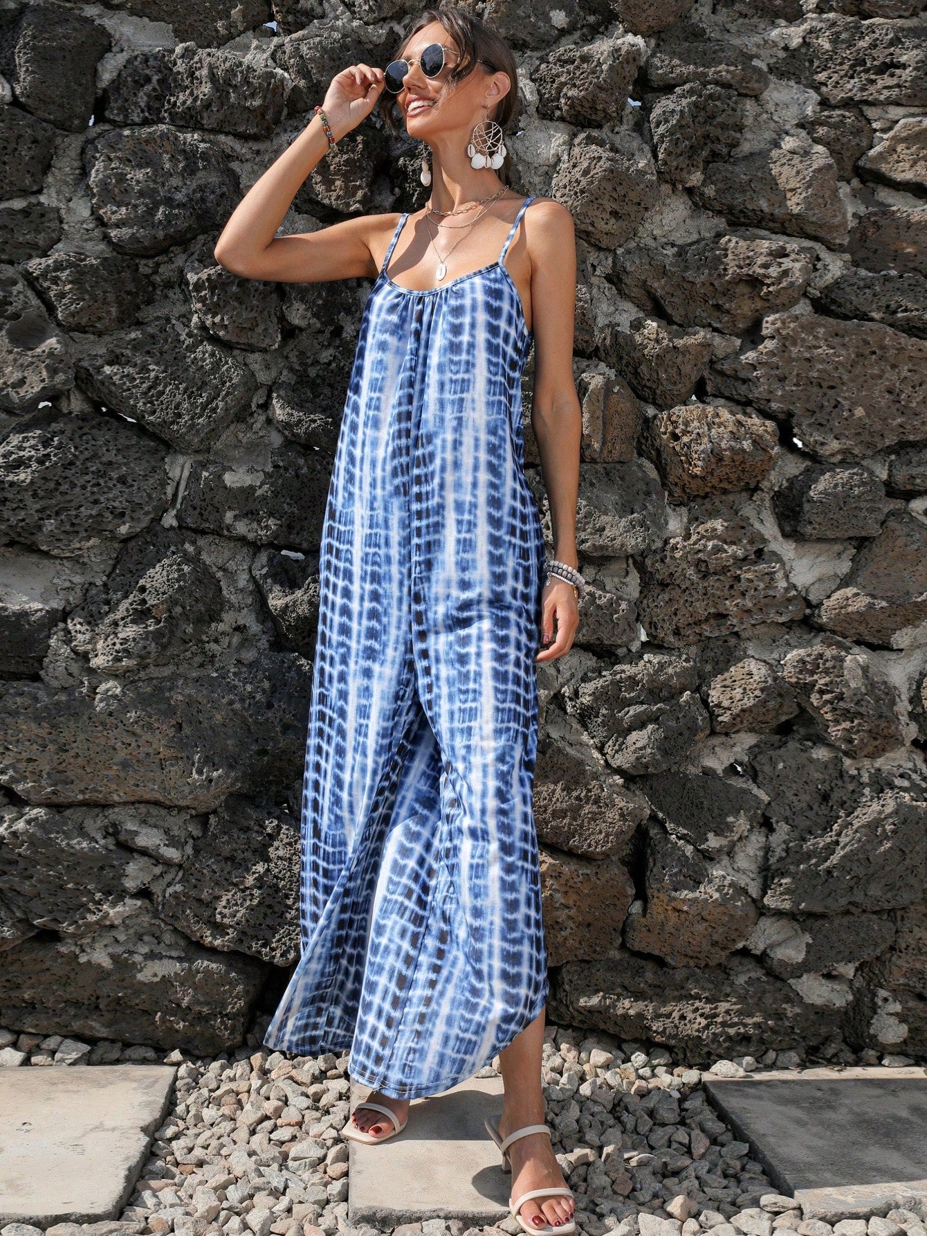 VCAY Striped Print Asymmetrical Hem Cami Jumpsuit