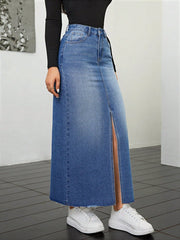 Privé Denim Front Slit Raw Hem Skirt