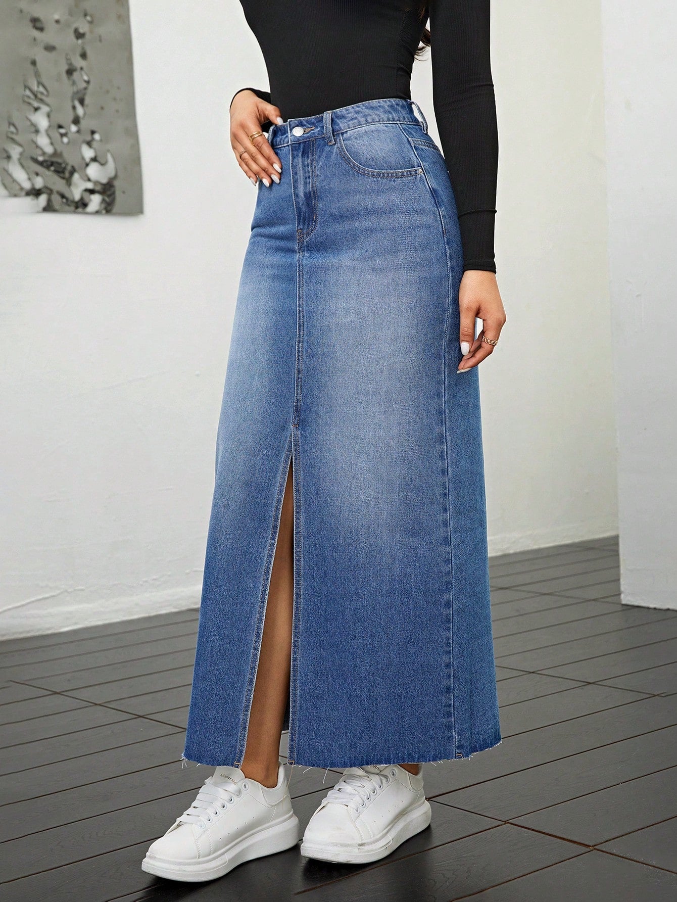 Privé Denim Front Slit Raw Hem Skirt