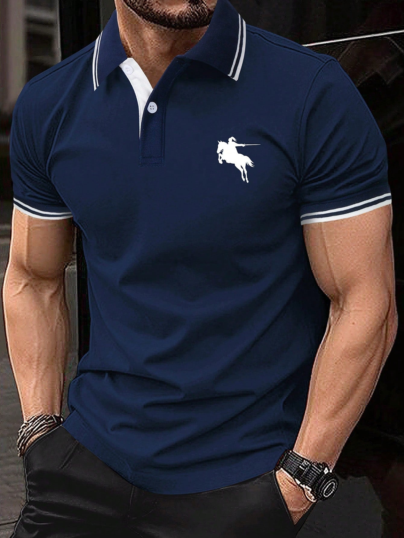 Manfinity Men's Navy Blue Colorblock Polo Shirt With Contrast Trim