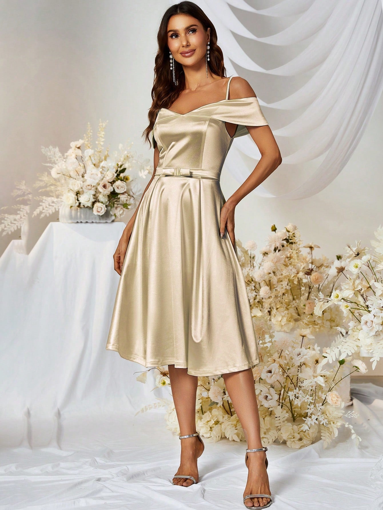 MUXXN Vintage 1950's Cold Shoulder Satin A-line Bridesmaid Dress