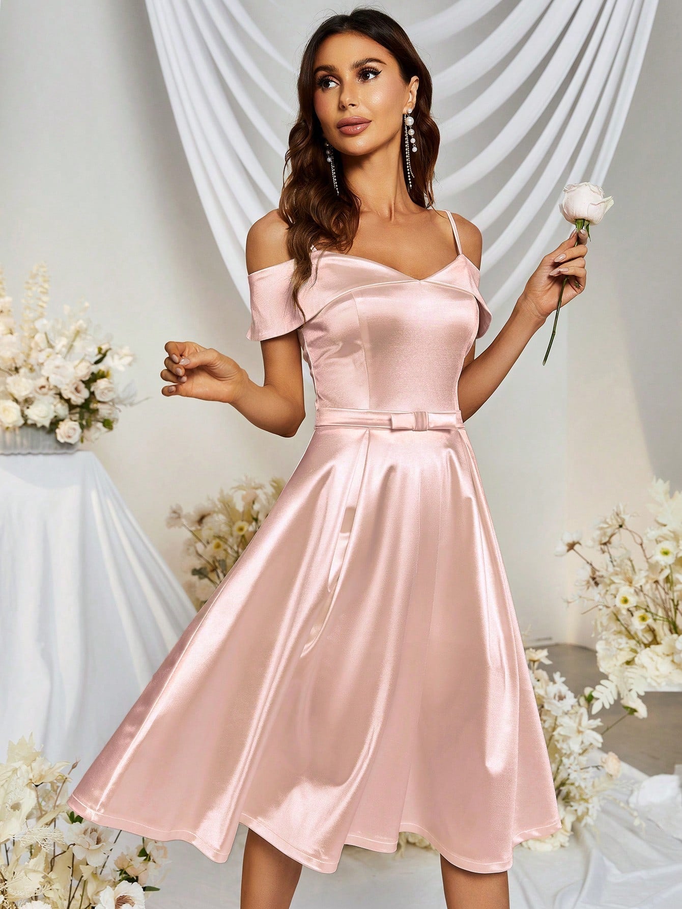 MUXXN Vintage 1950's Cold Shoulder Satin A-line Bridesmaid Dress