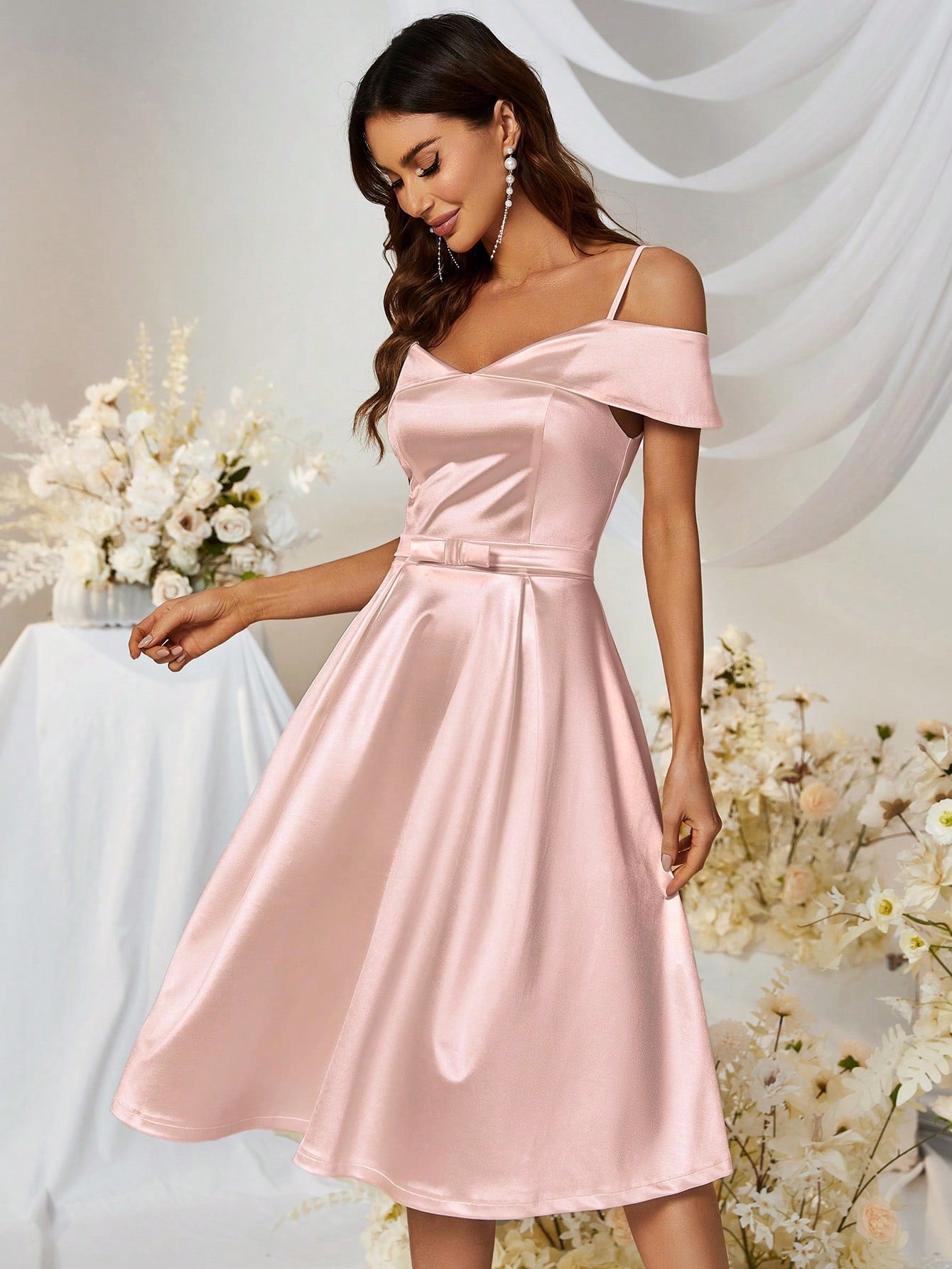 MUXXN Vintage 1950's Cold Shoulder Satin A-line Bridesmaid Dress