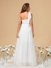 One Shoulder Asymmetrical Lace & Chiffon Floral Applique Wedding Dress With Rhinestone Belt And High Slit