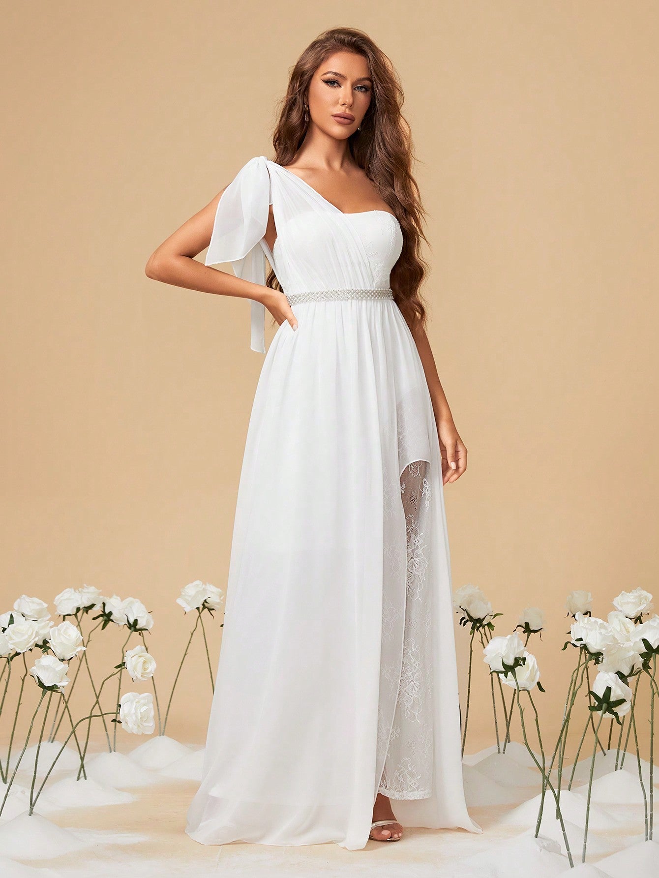 One Shoulder Asymmetrical Lace & Chiffon Floral Applique Wedding Dress With Rhinestone Belt And High Slit