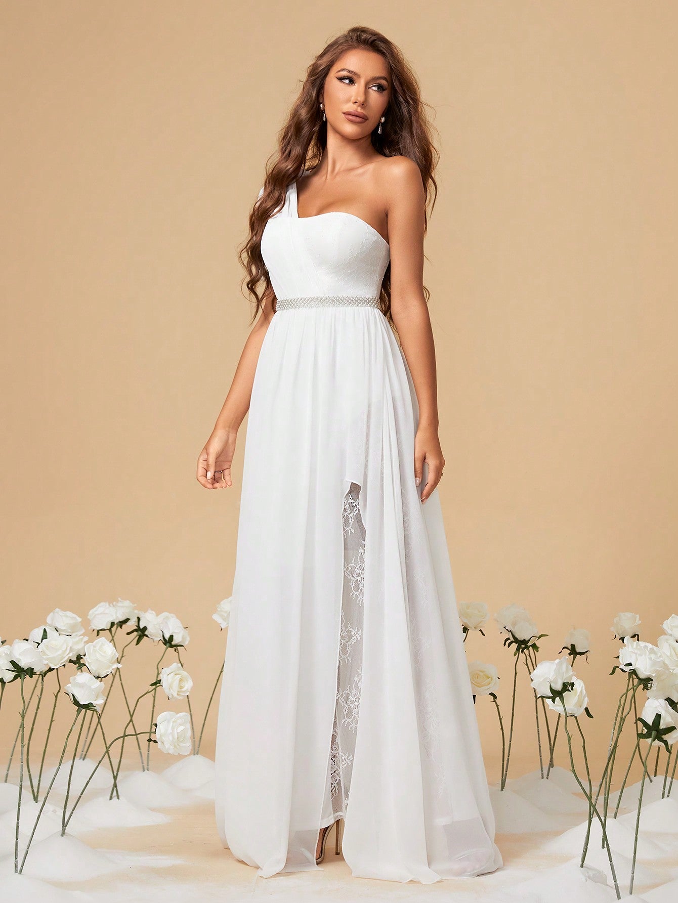 One Shoulder Asymmetrical Lace & Chiffon Floral Applique Wedding Dress With Rhinestone Belt And High Slit