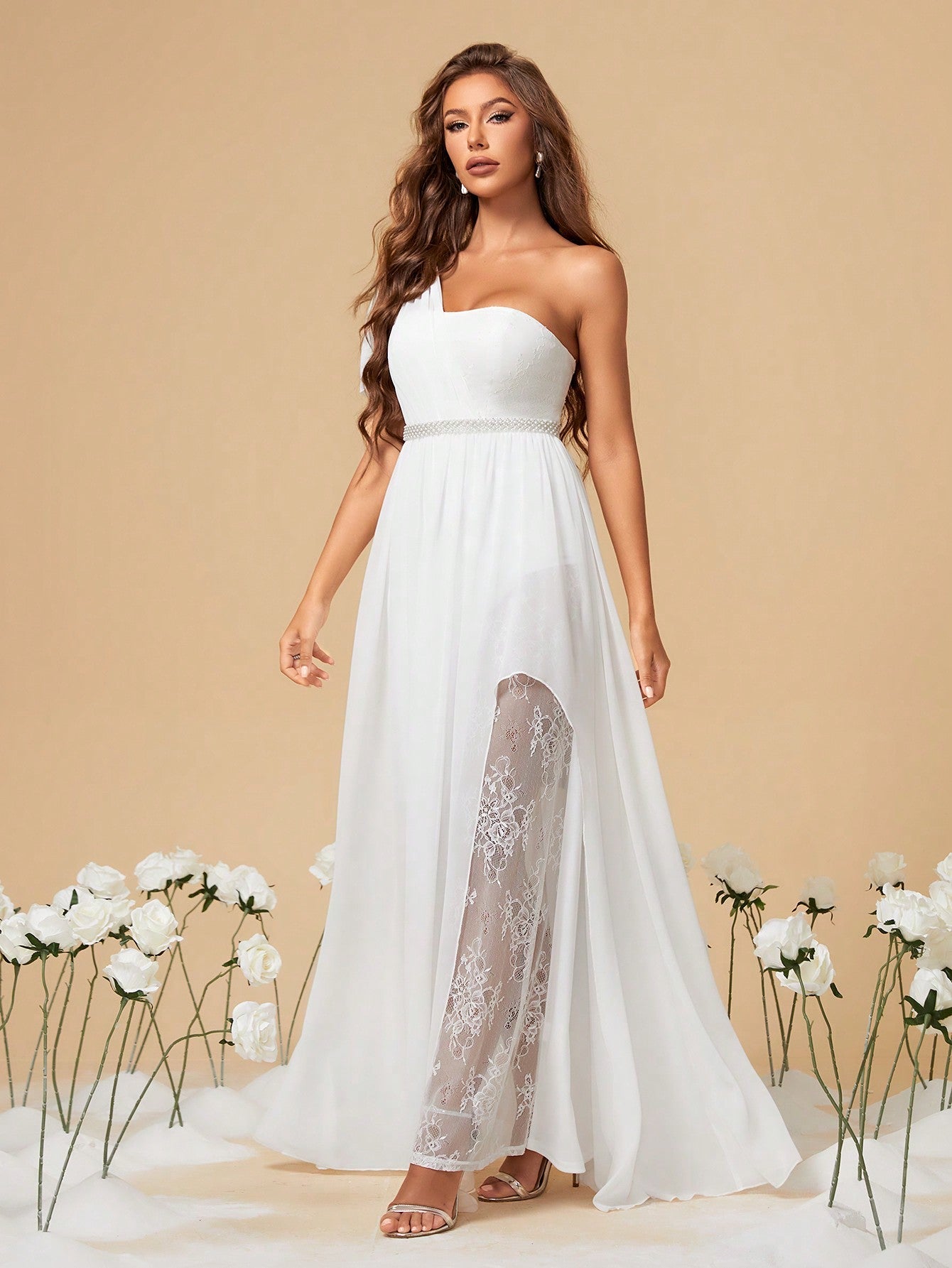 One Shoulder Asymmetrical Lace & Chiffon Floral Applique Wedding Dress With Rhinestone Belt And High Slit