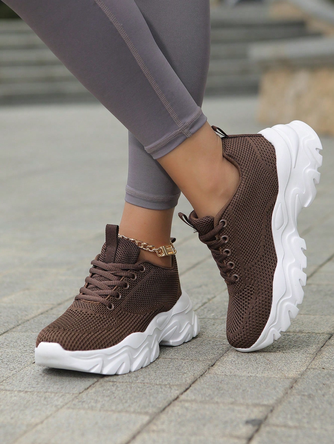 Women Minimalist Knit Detail Lace-Up Front Chunky Breathable Shoes