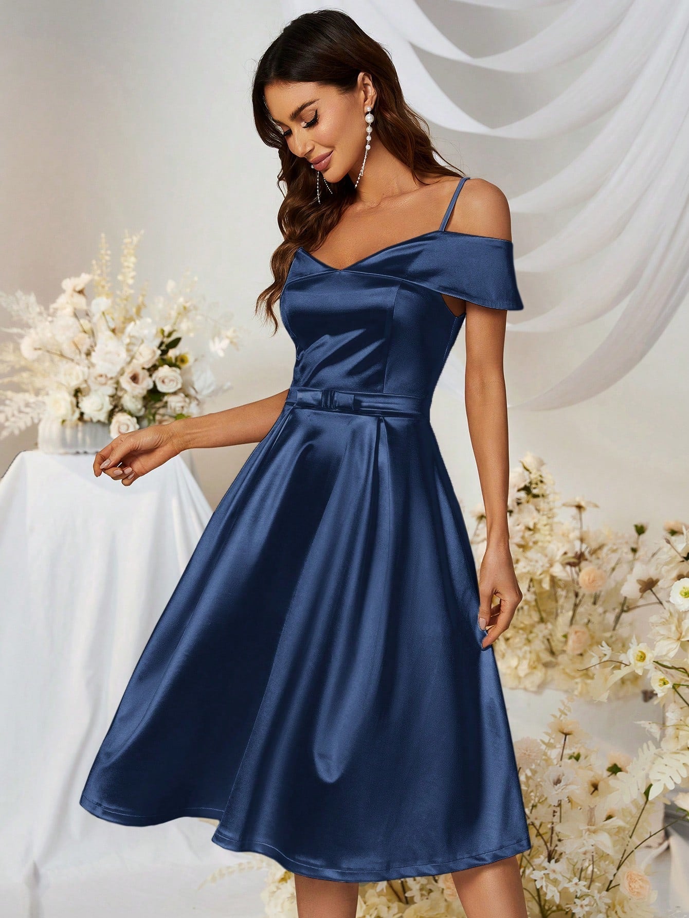 MUXXN Vintage 1950's Cold Shoulder Satin A-line Bridesmaid Dress